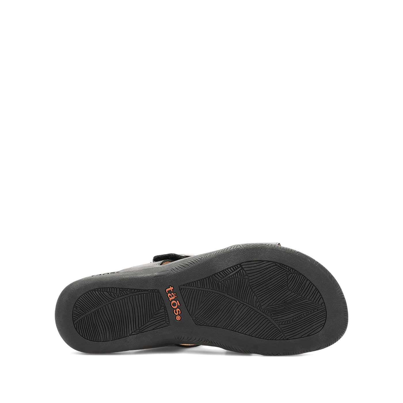 Black sandal with orange logo on a white background