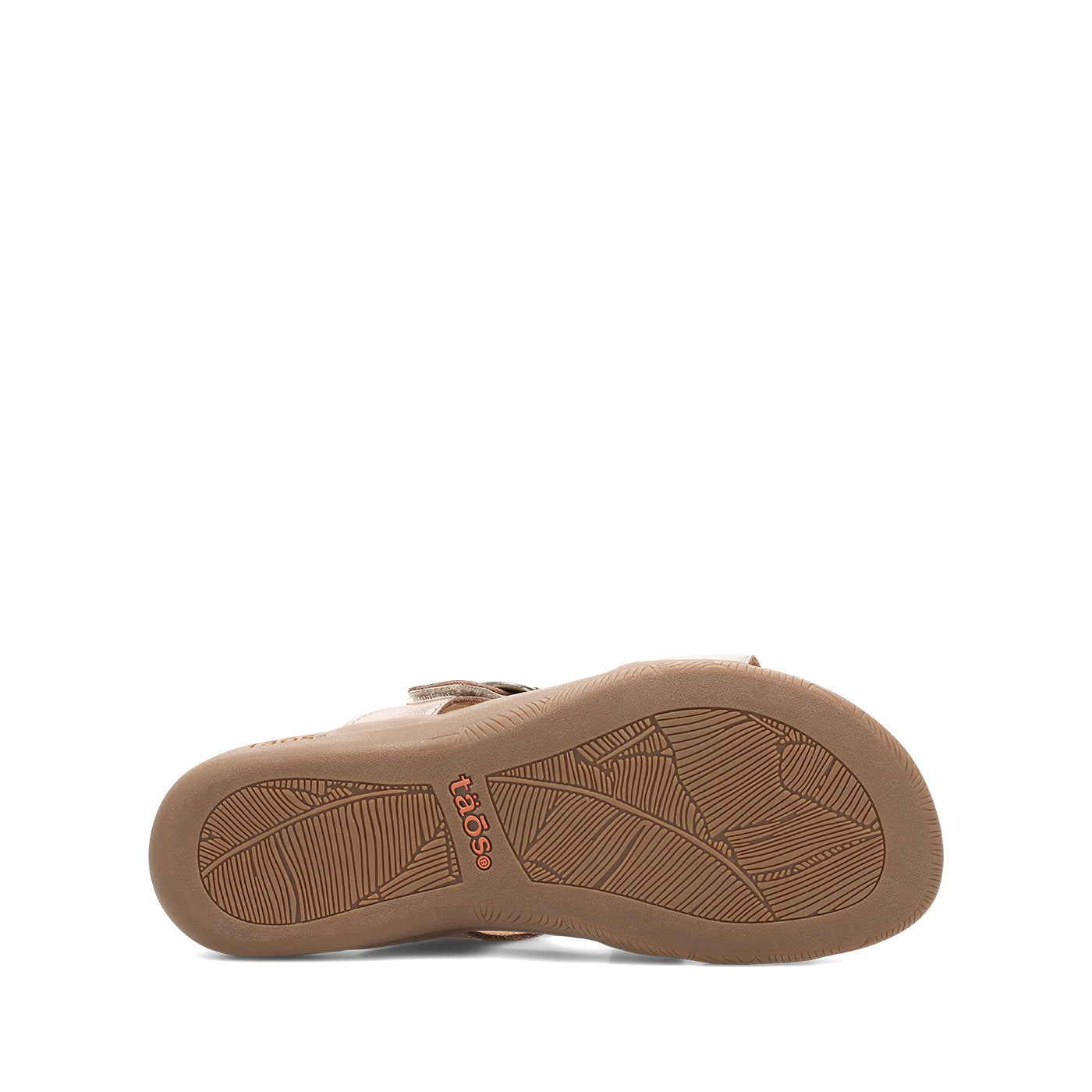 Tan sandal with a textured sole on a white background