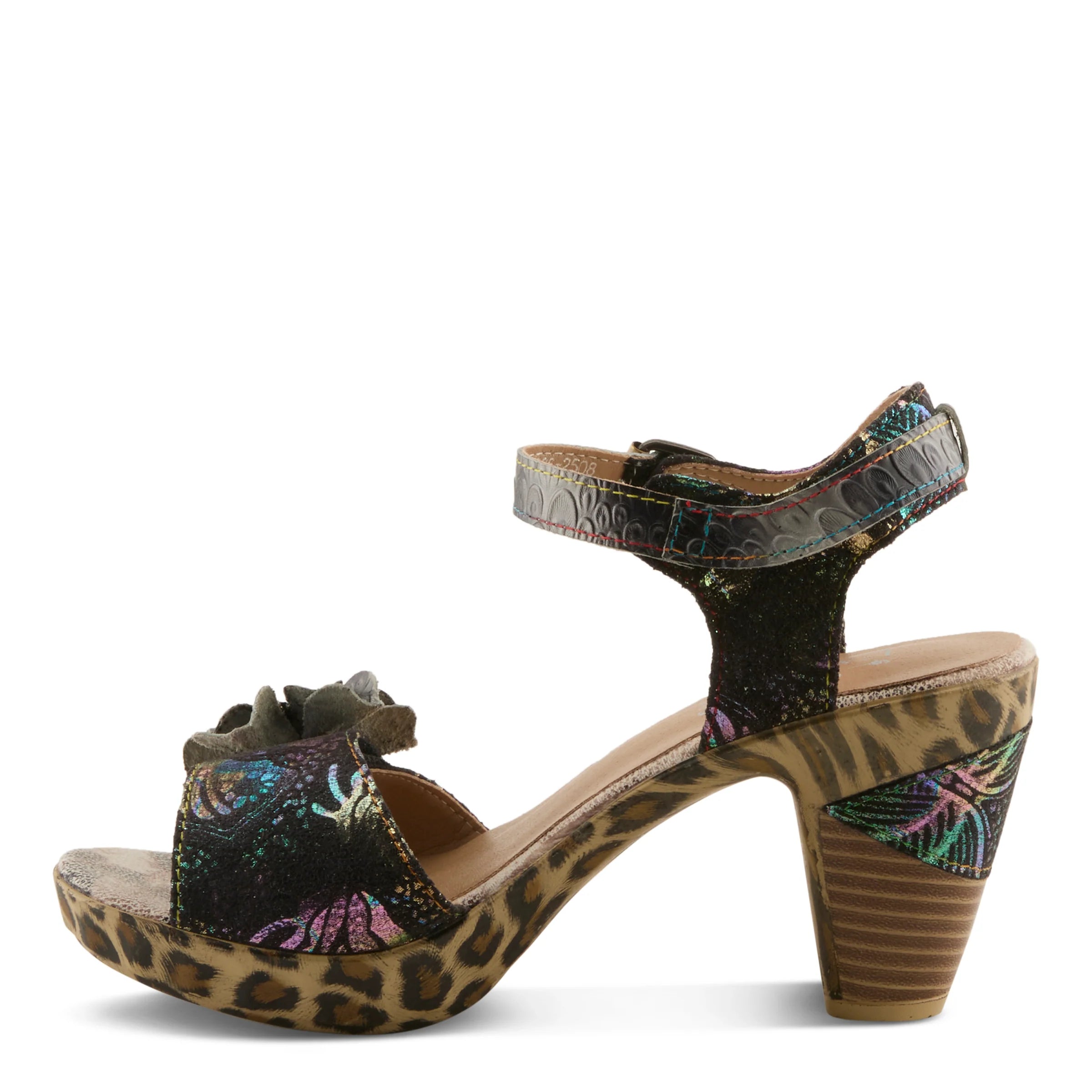 Multicolored sandal with leopard print sole on a white background