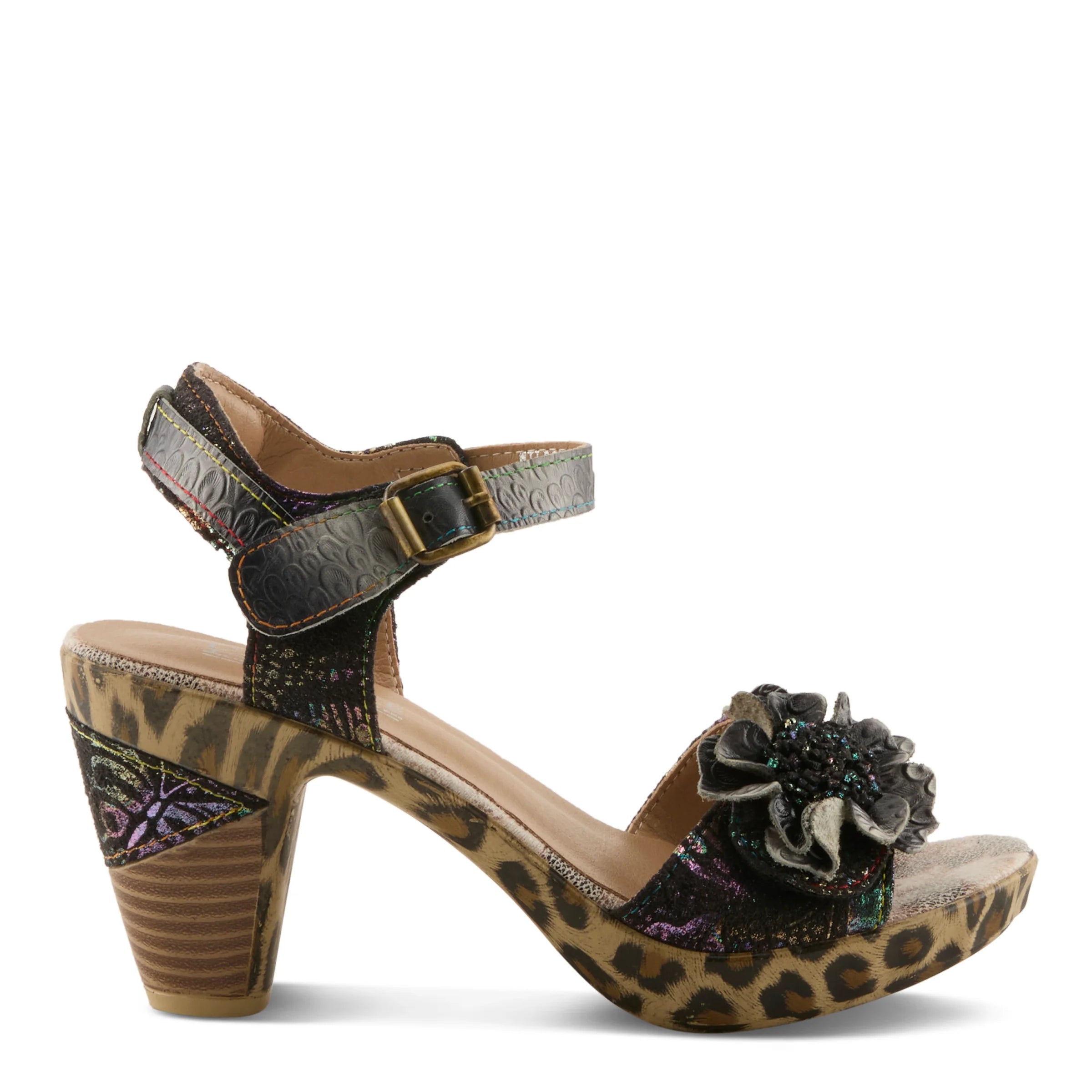 Leopard print sandal with decorative flower on a white background