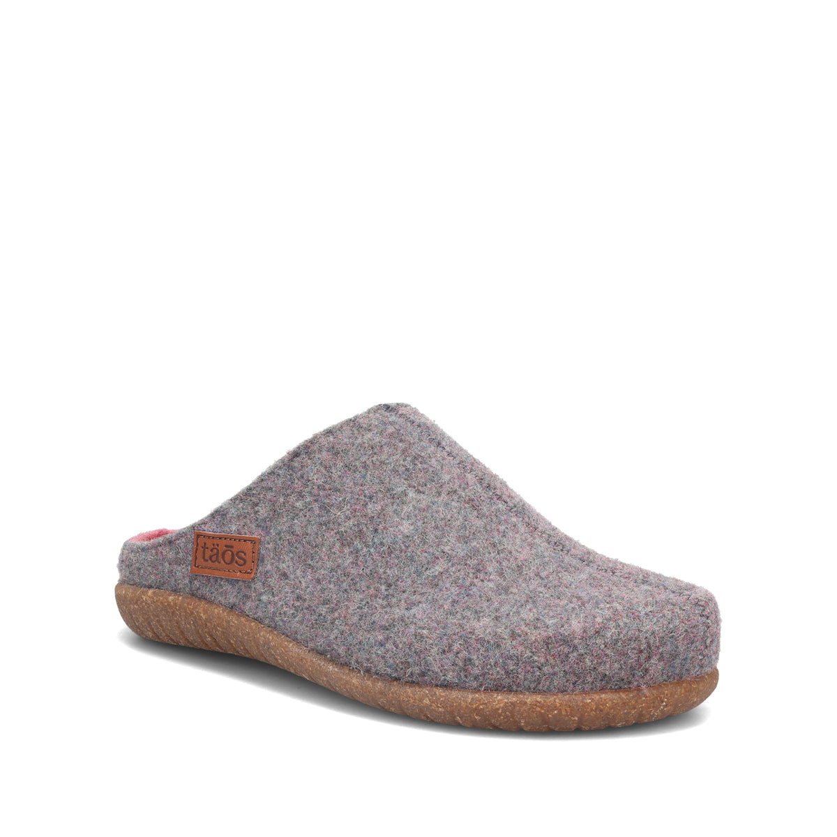 A single clog-style slipper from Taos, featuring a textured gray felt upper with subtle multicolor flecks and a natural brown cork sole, shown against a plain white background.