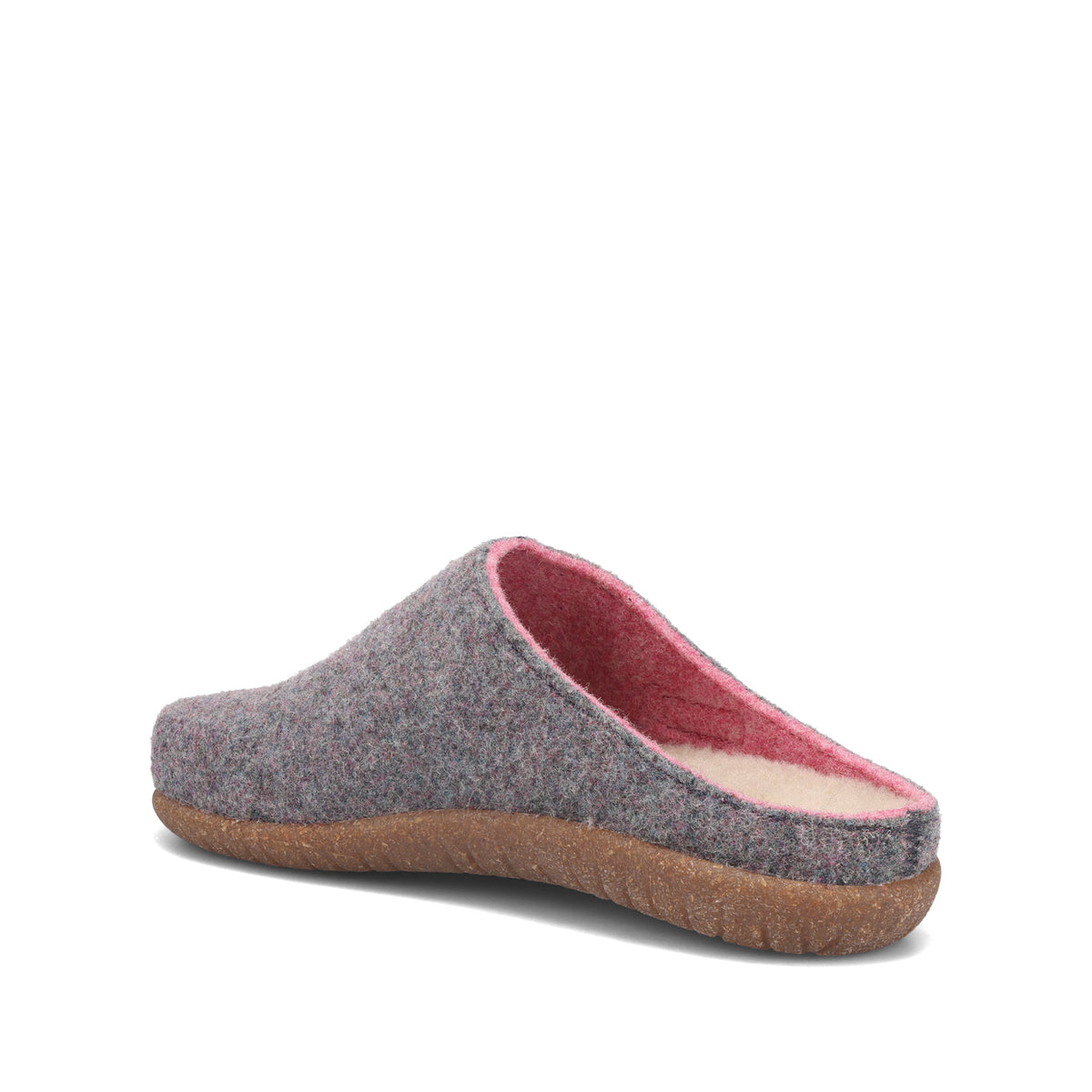 Gray slipper with a brown sole on a white background