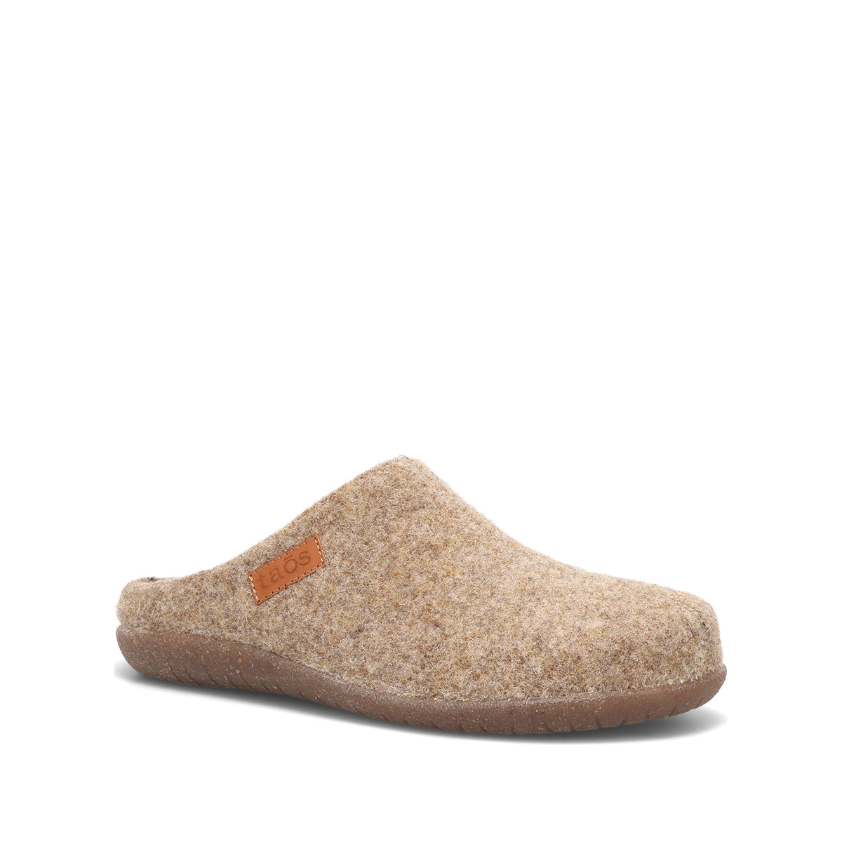 A single slip-on clog shoe made of textured beige felt with a brown sole, featuring a small orange brand patch on the side, set against a plain white background.
