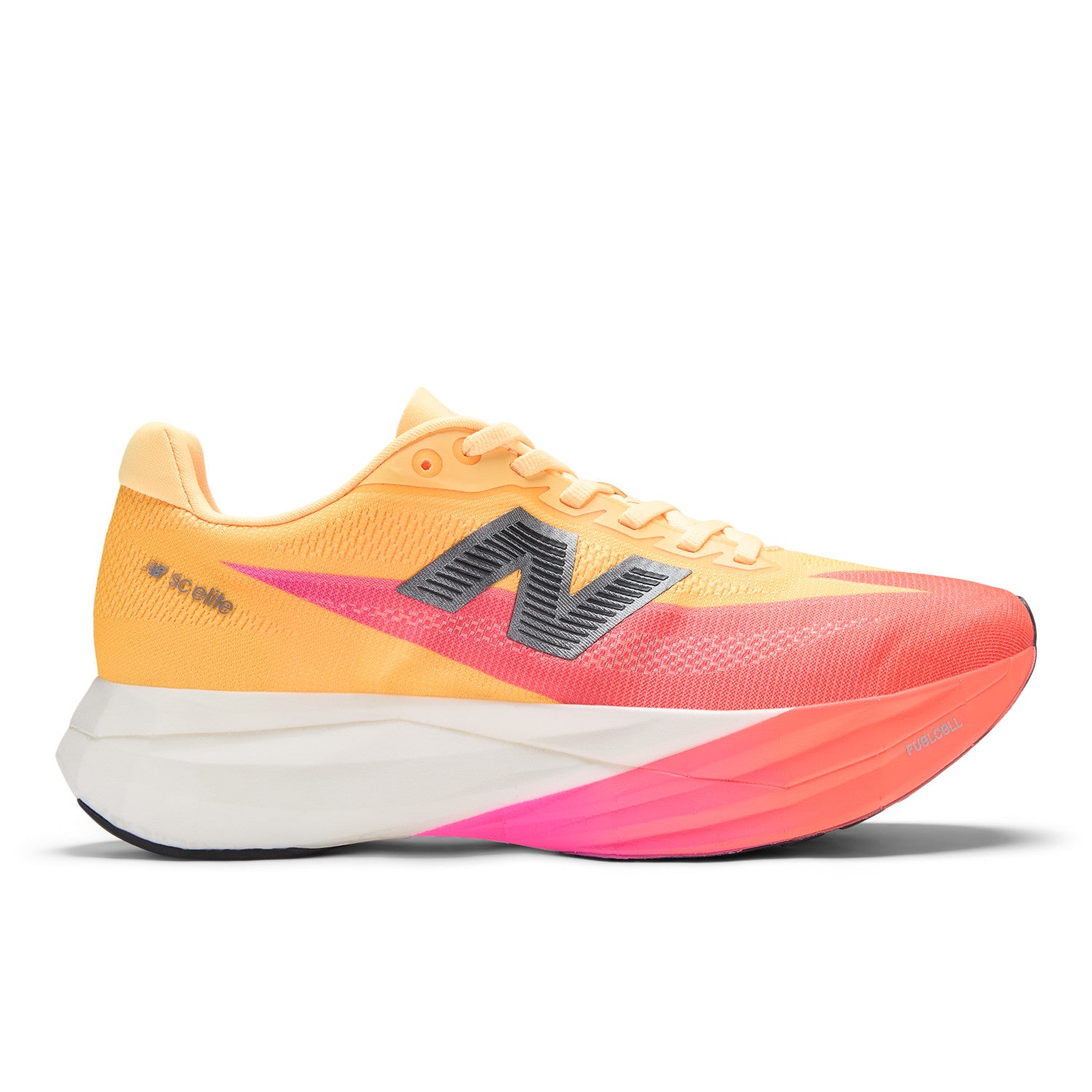 Orange and pink running shoe with New Balance logo on a white background
