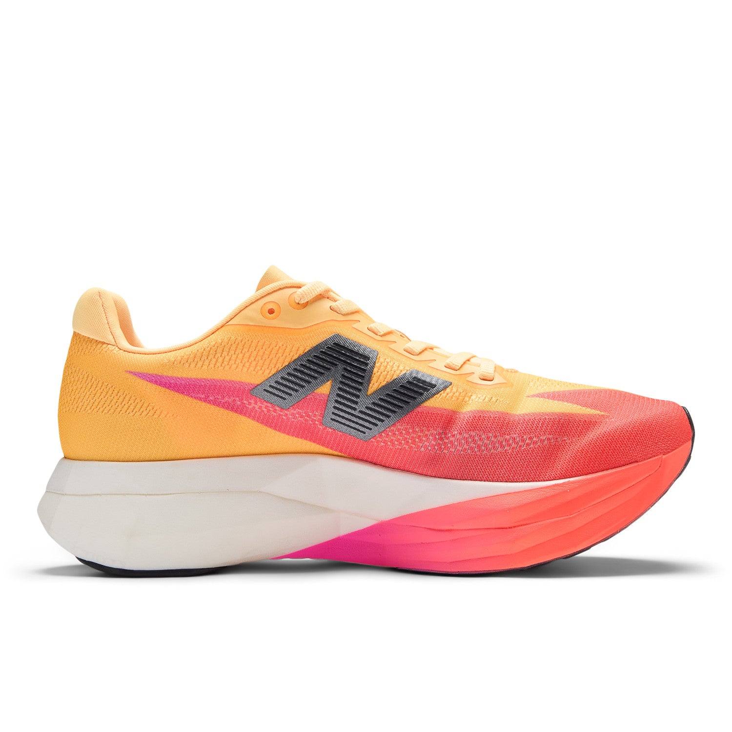 Orange and pink running shoe with New Balance logo on a white background