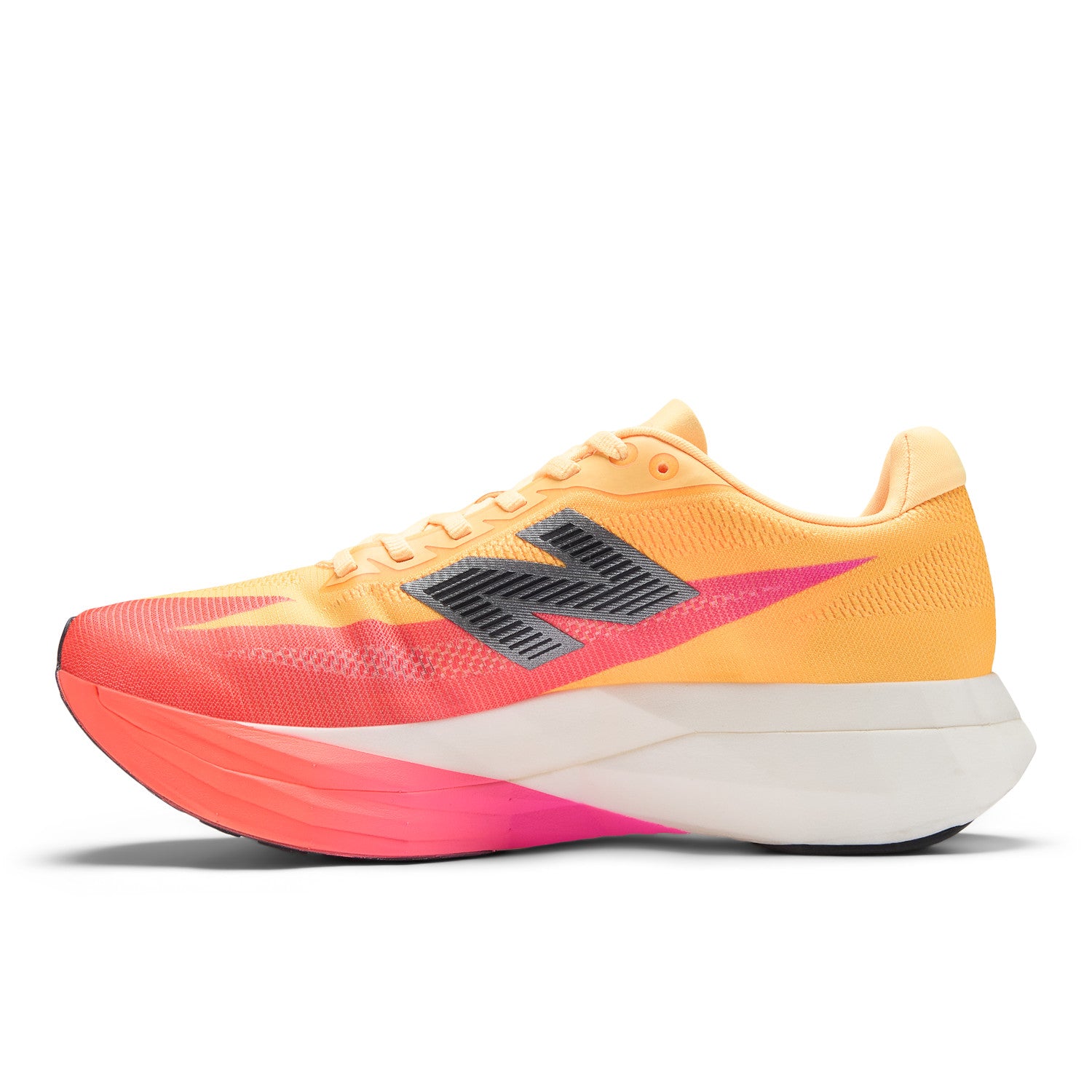 Orange and pink running shoe with a white sole on a white background