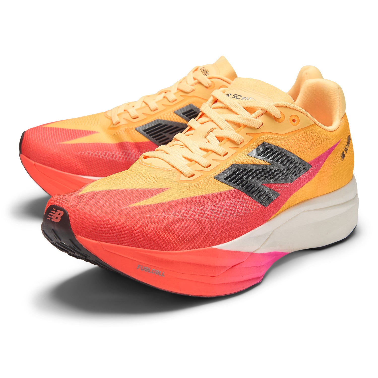Orange and yellow running shoes with black accents on a white background