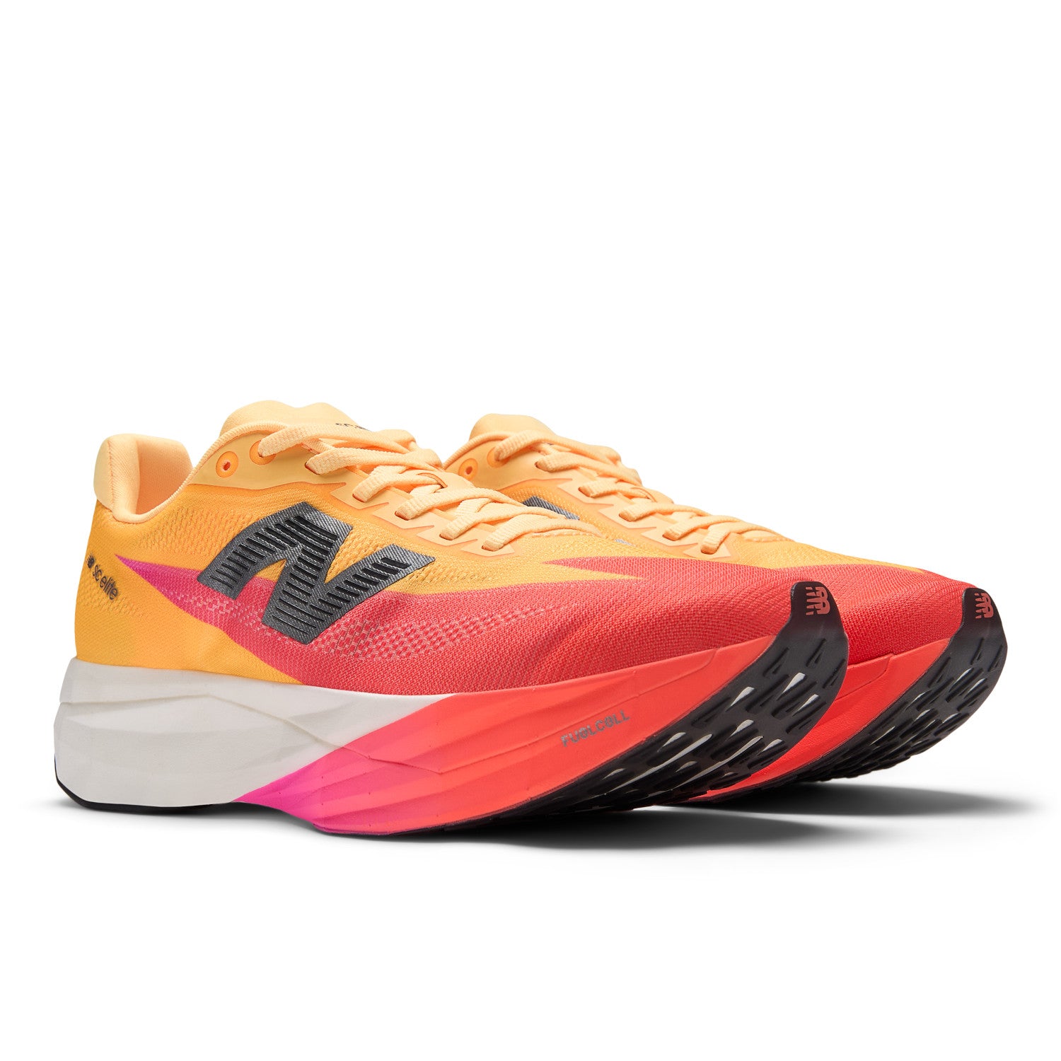 Orange and red running shoe with a white sole on a white background