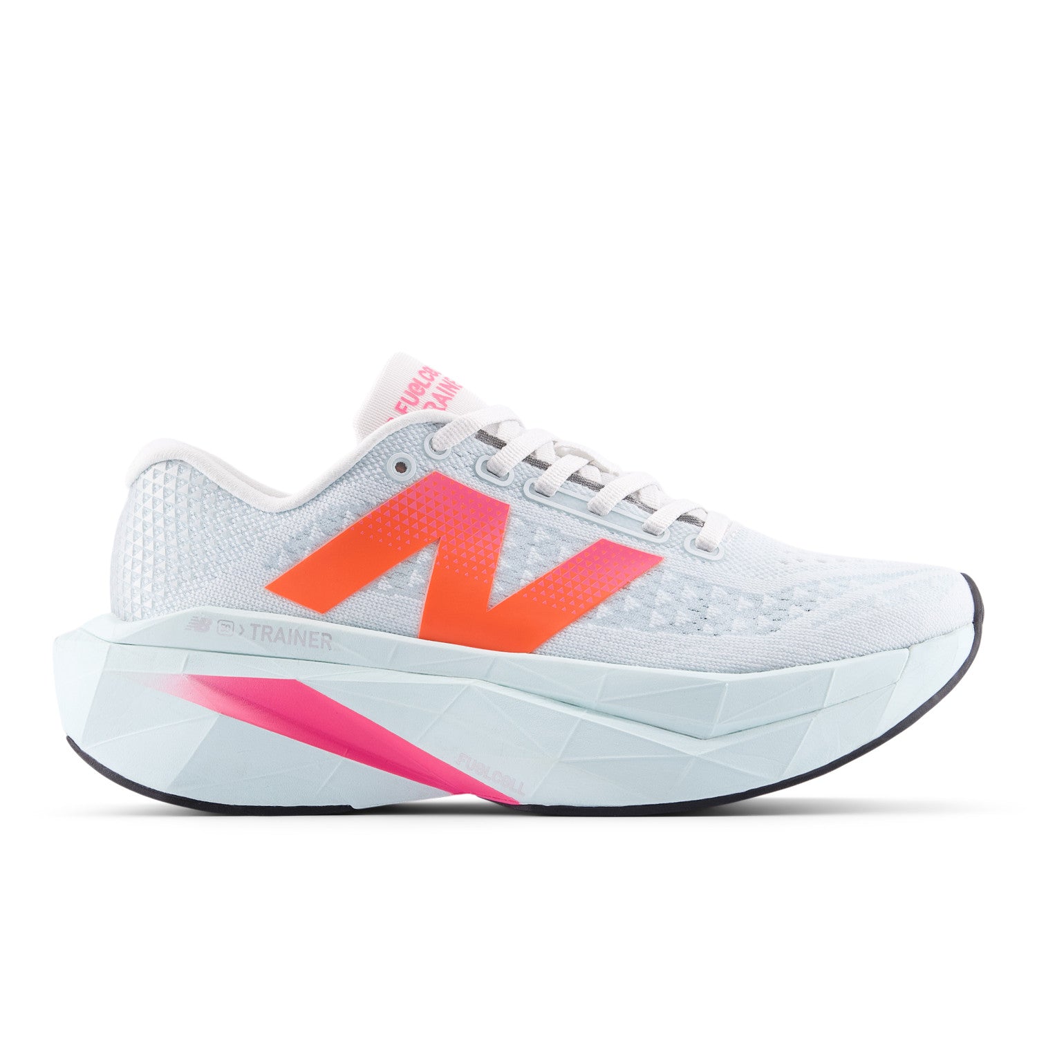 Light blue running shoe with pink and orange accents on a white background