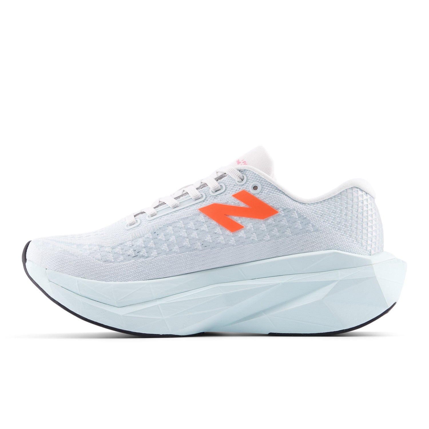 Light blue running shoe with orange logo on a white background
