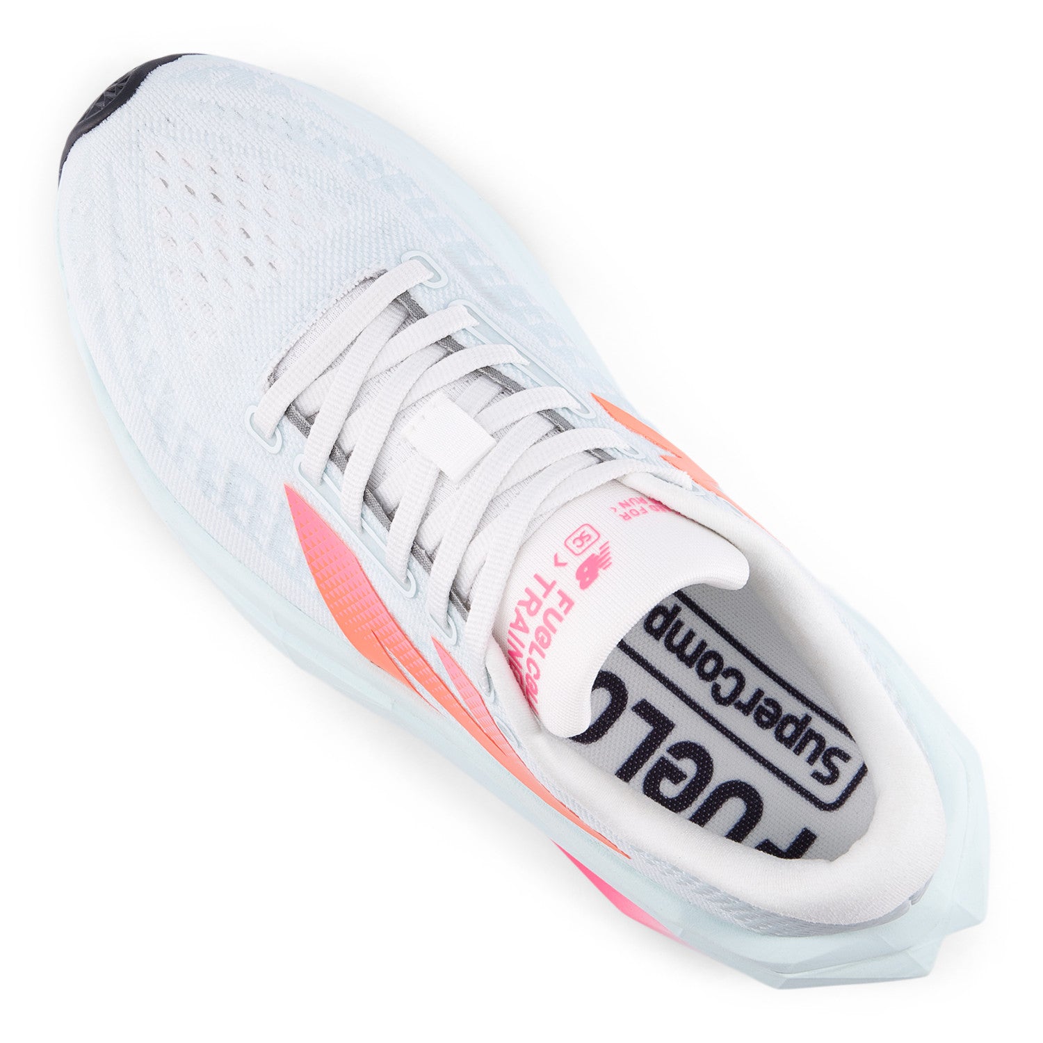 White running shoe with pink accents on a white background