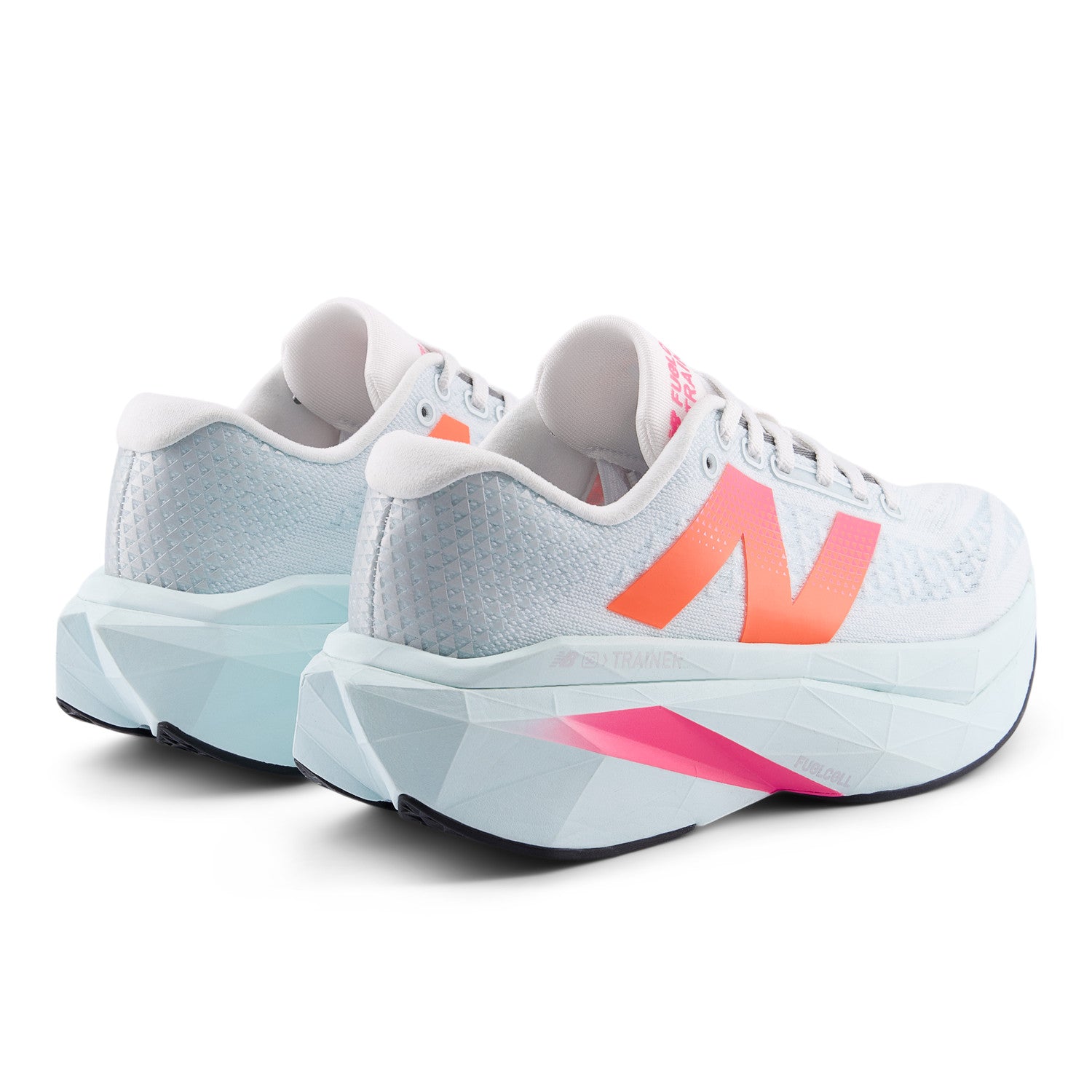White running shoes with pink and orange accents on a white background