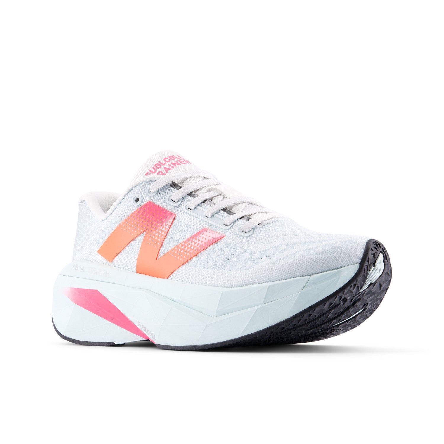 White running shoe with pink and orange accents on a white background