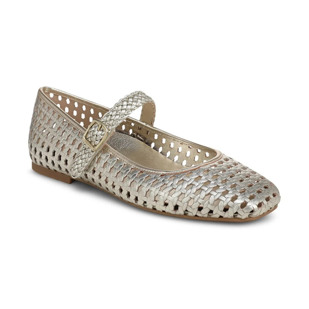 Silver metallic flat shoe with cut-out design on a white background