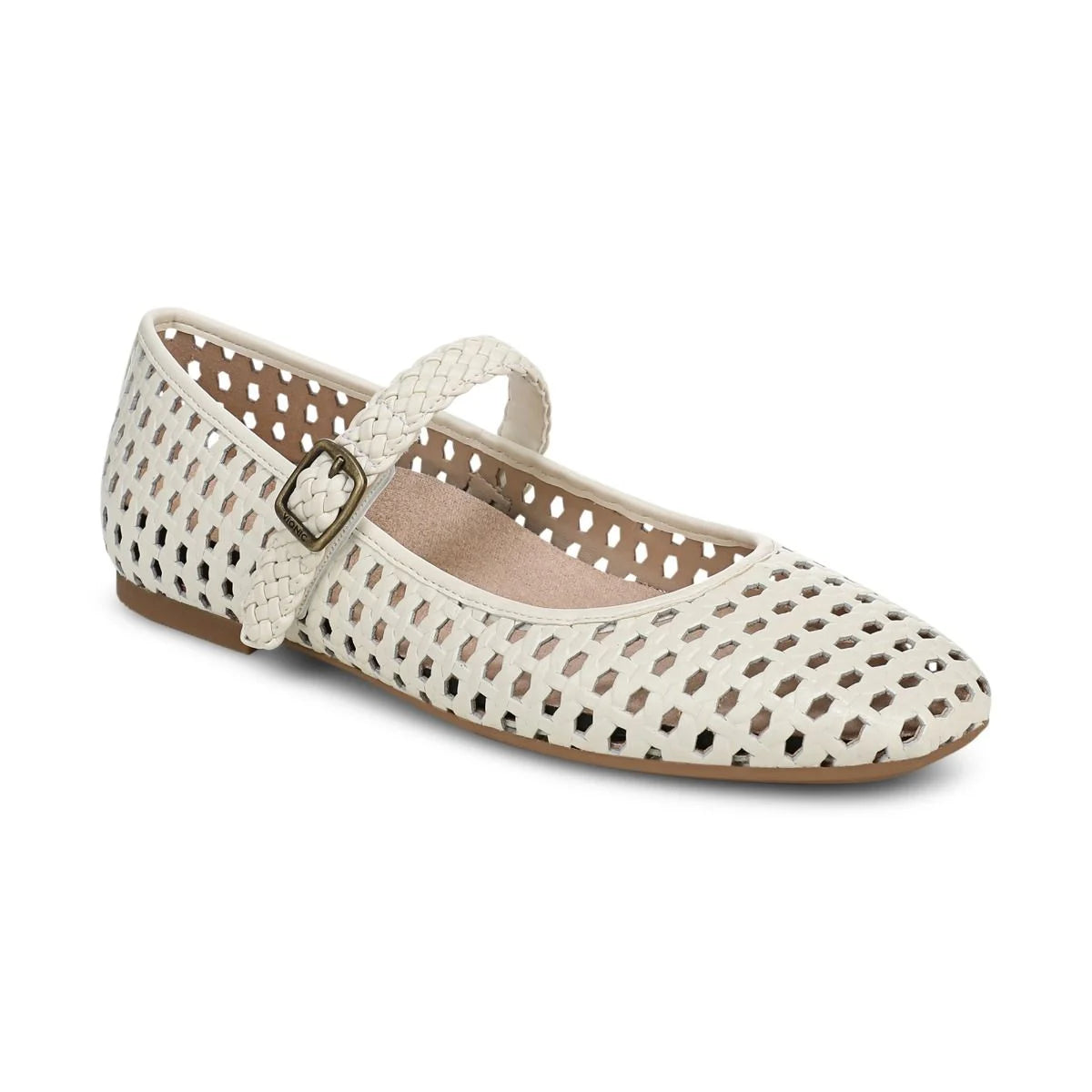White perforated flat shoe with a strap on a white background