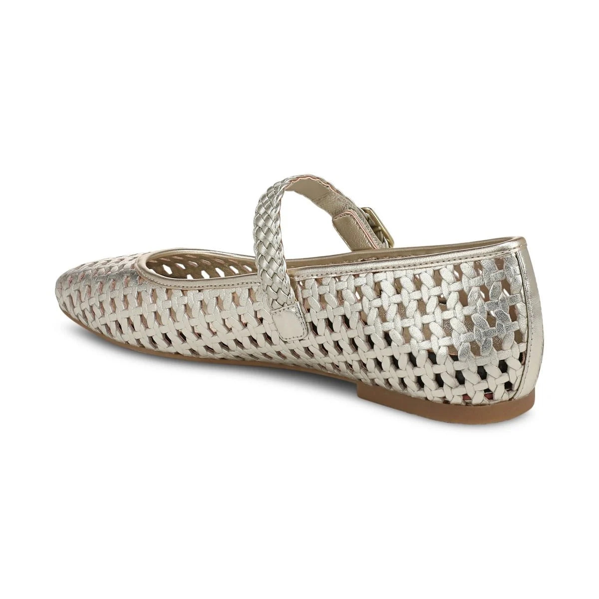 Silver flat shoe with woven design on a white background
