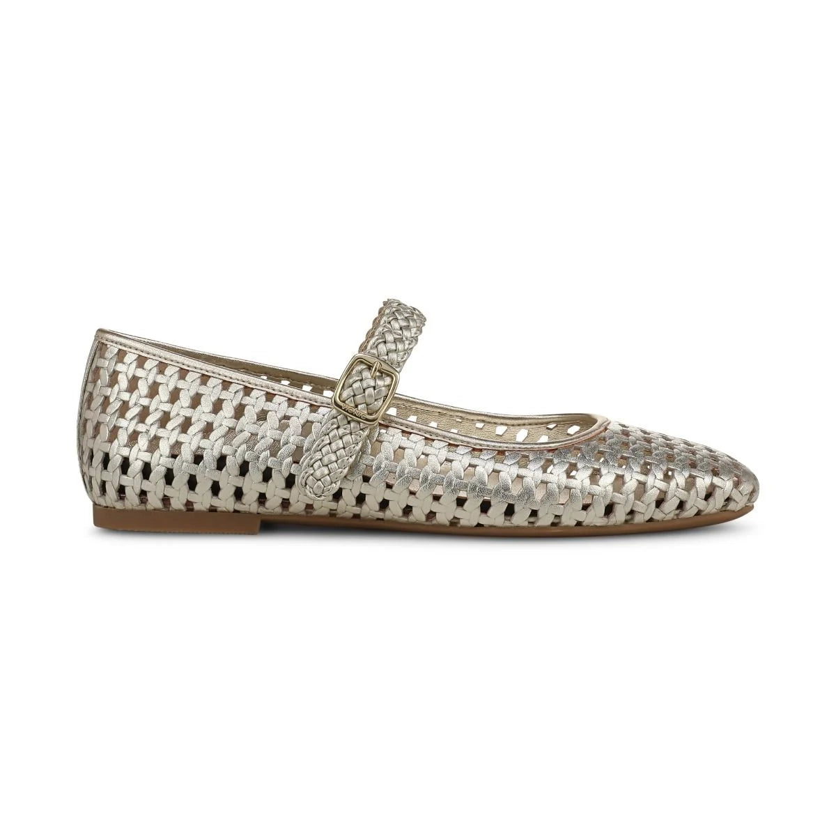 Silver flat shoe with a decorative strap on a white background