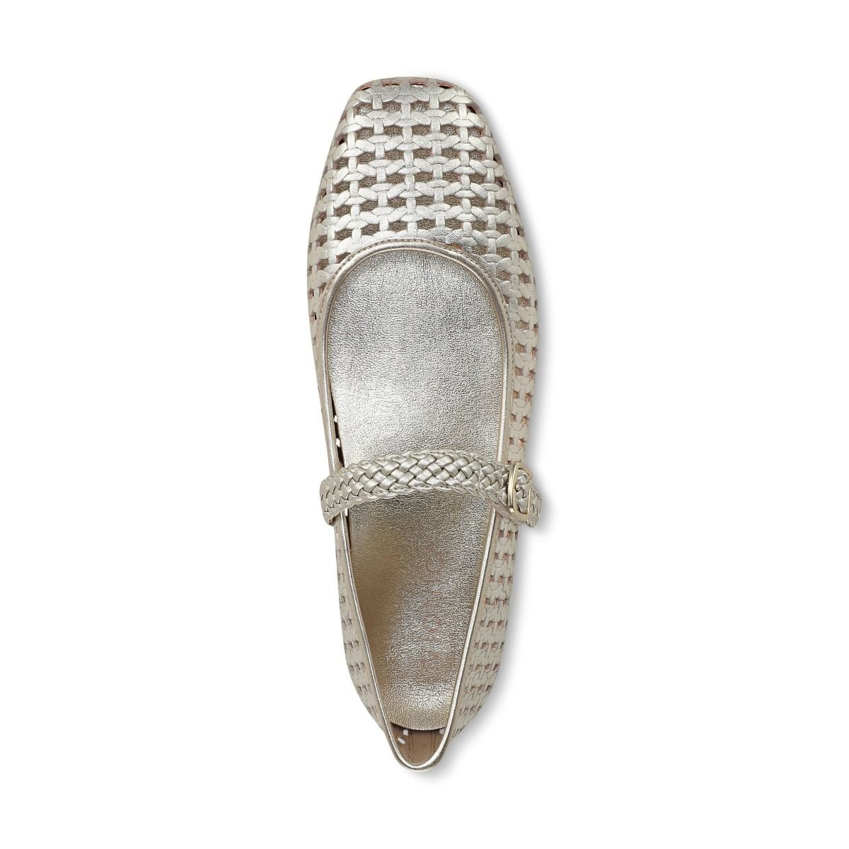 Silver flat shoe with woven pattern on a white background