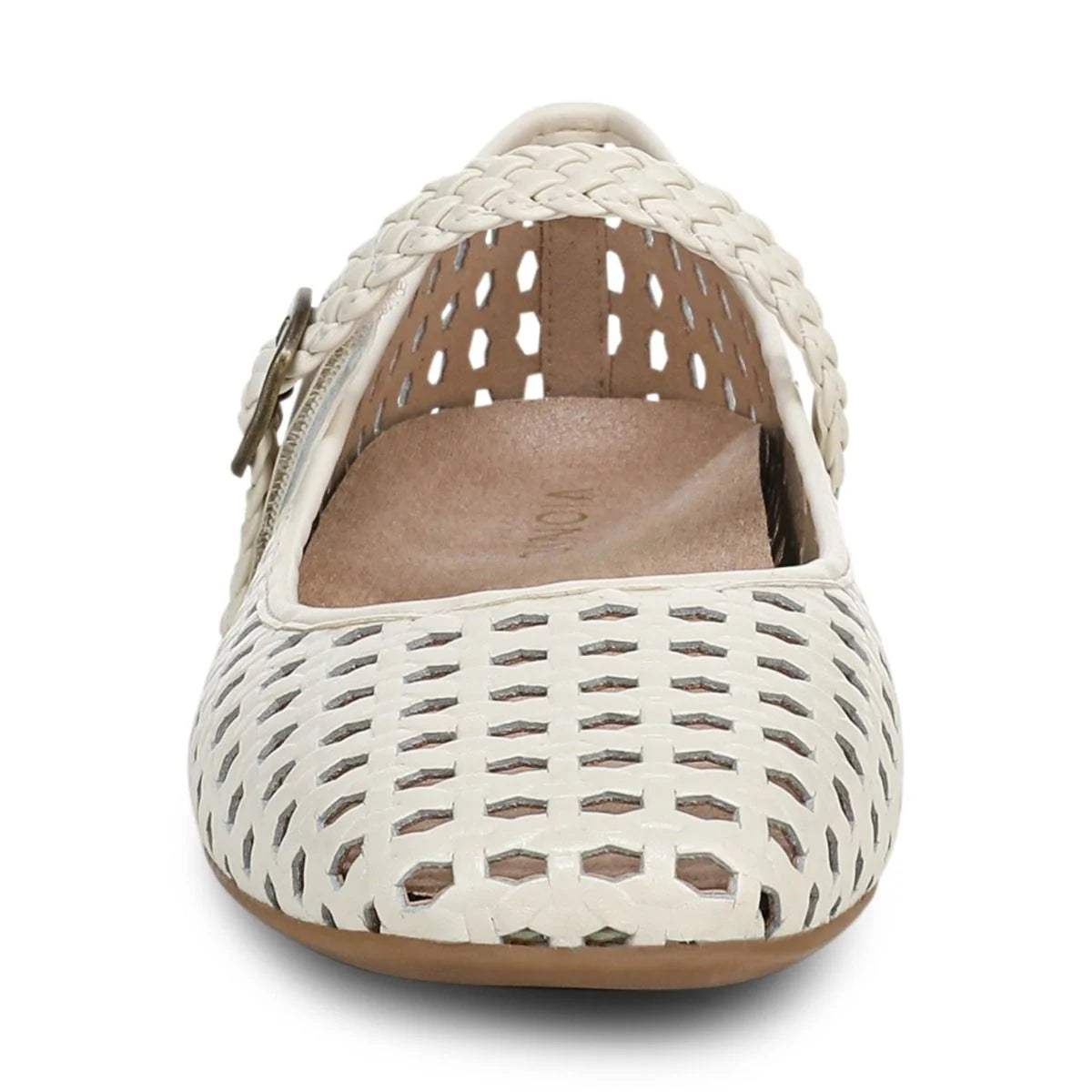 White flat shoe with woven design on a white background