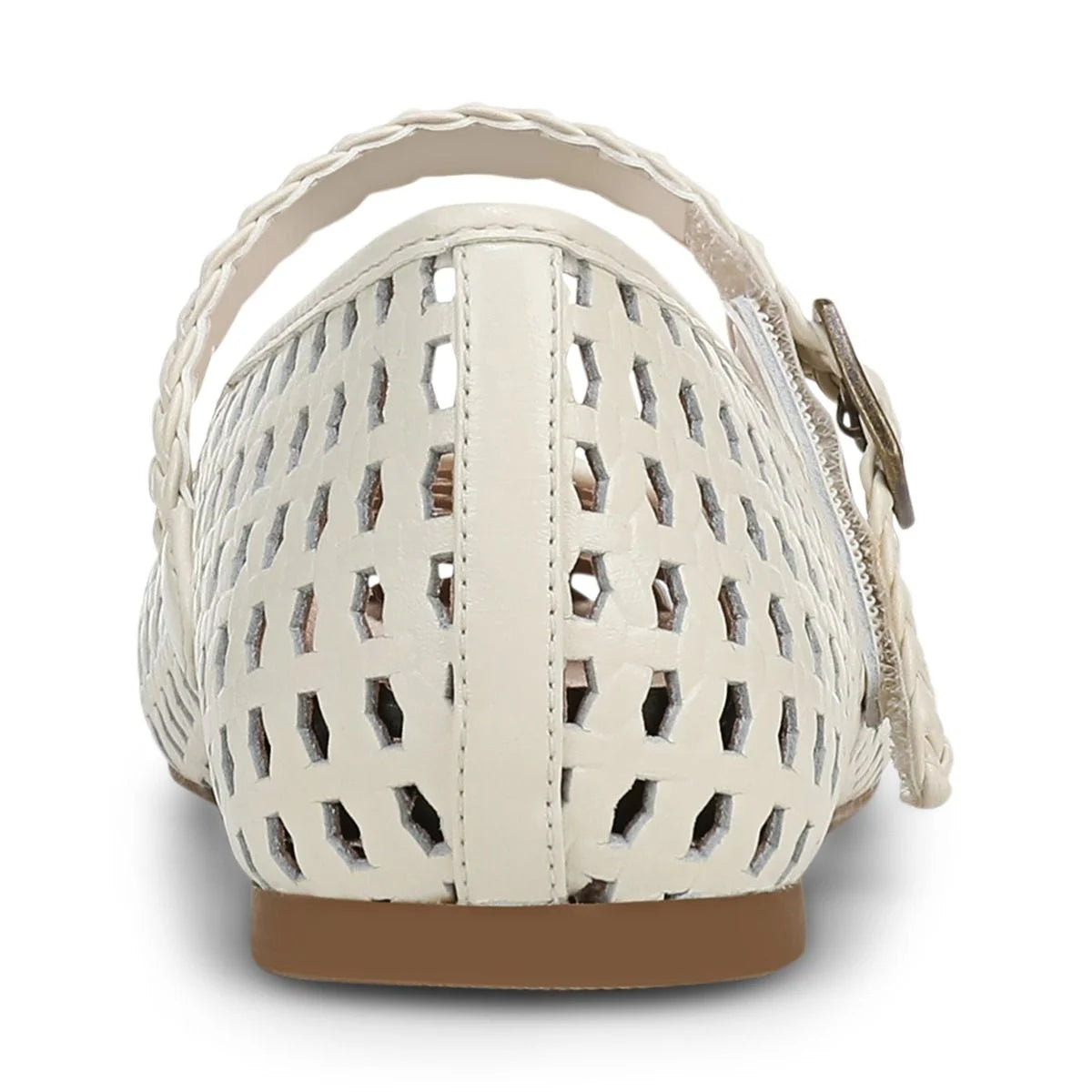 White sandal with cut-out design on a white background