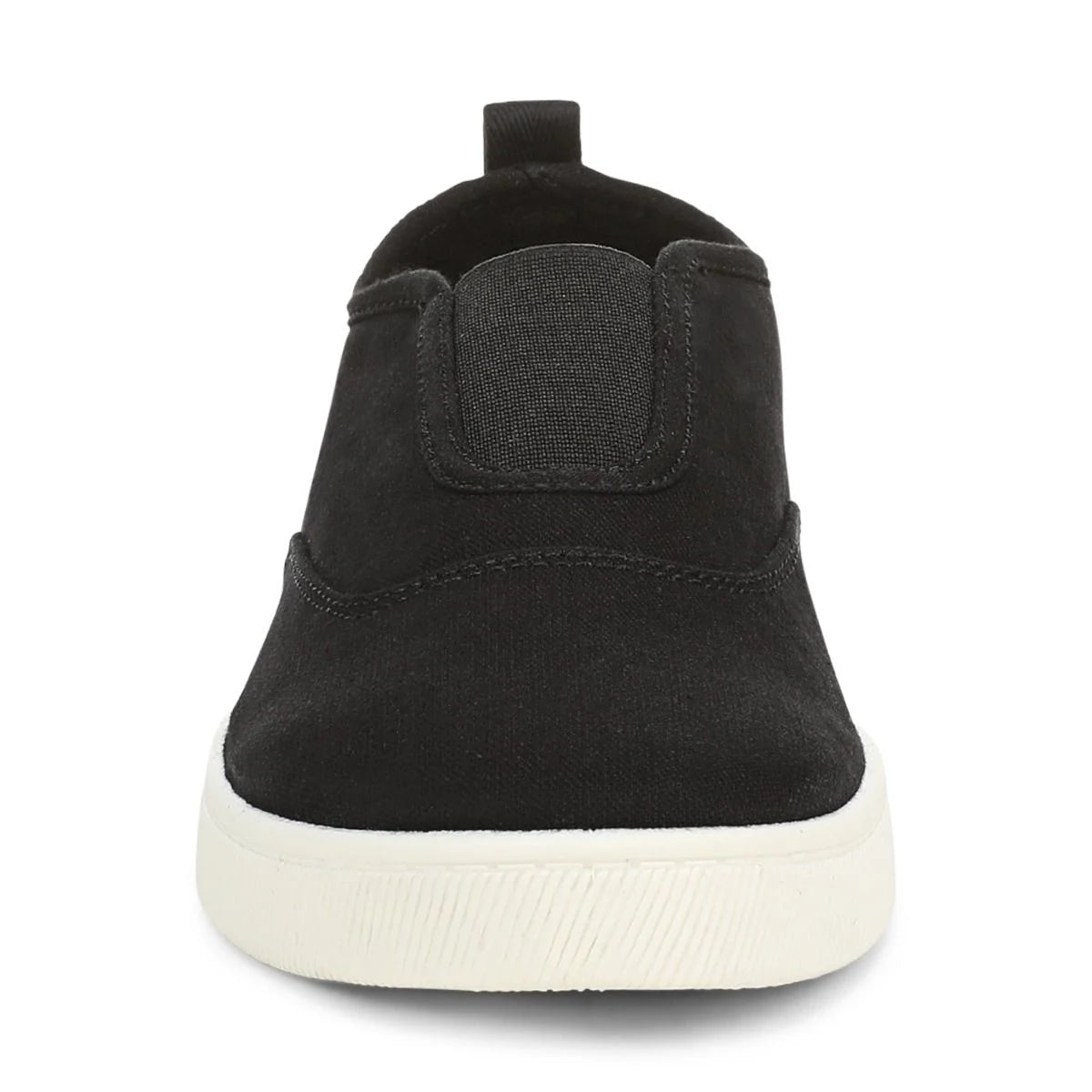Black slip-on sneaker with a white sole on a white background