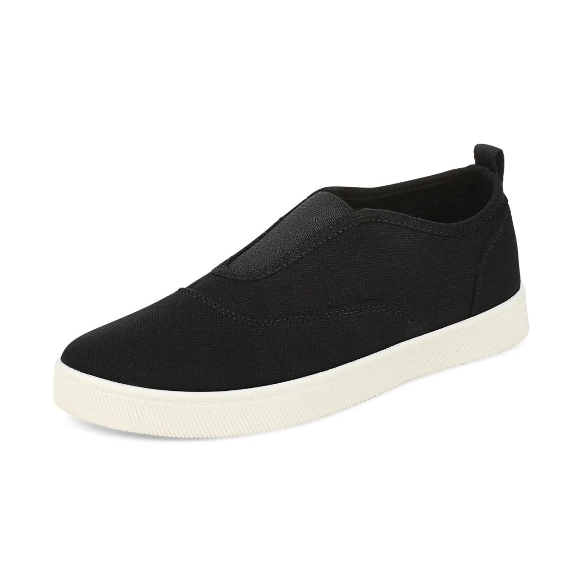 Black slip-on sneaker with white sole on a white background
