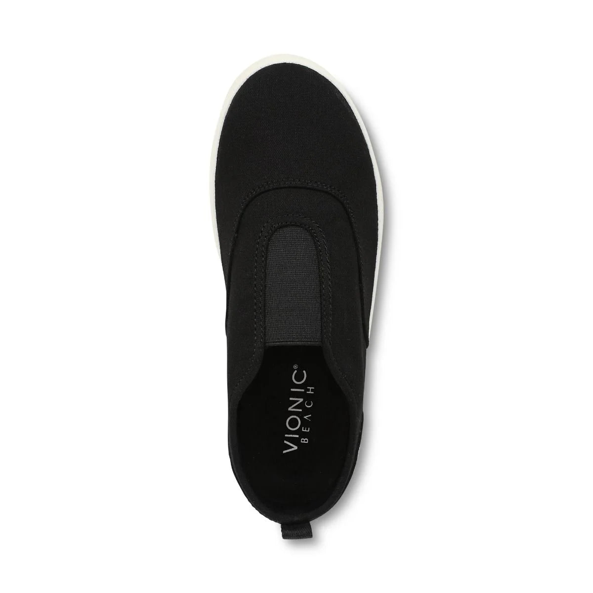 Black slip-on shoe with 'Vionic' branding on a white background