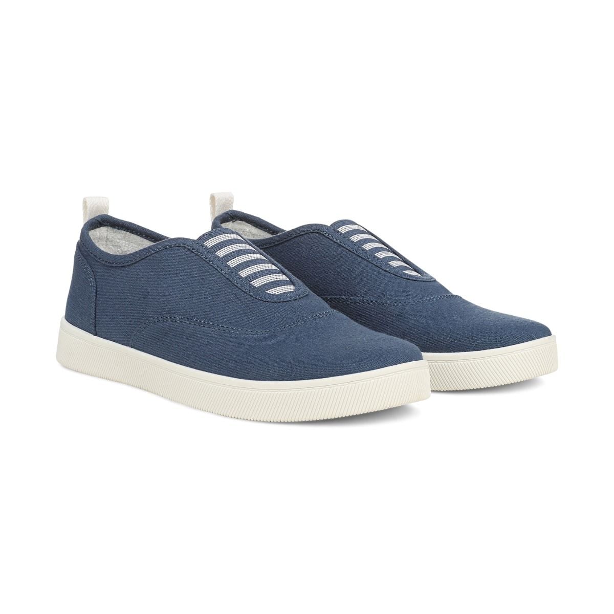 Pair of blue sneakers with white soles on a white background