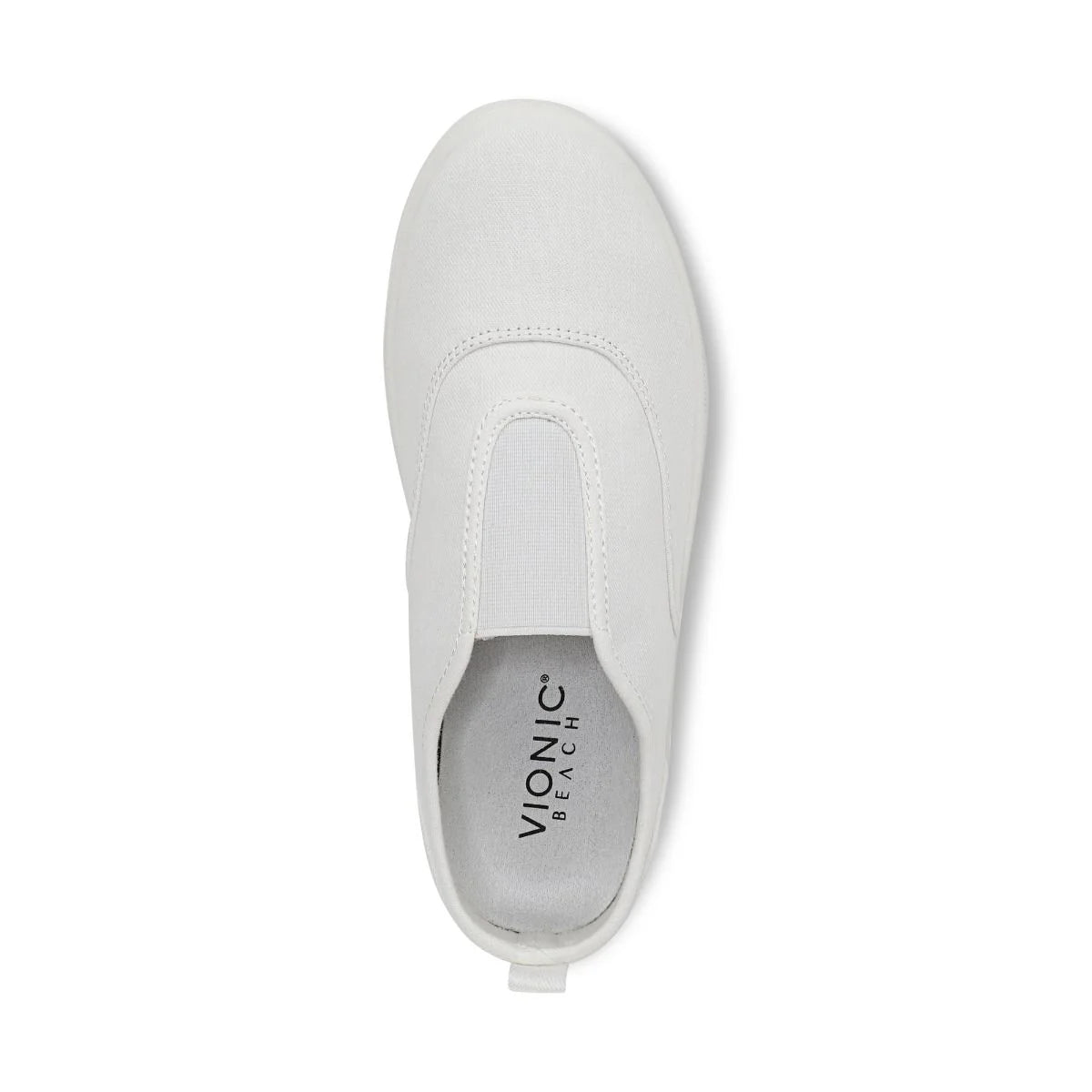 White slip-on shoe with 'Vionic' branding on a white background