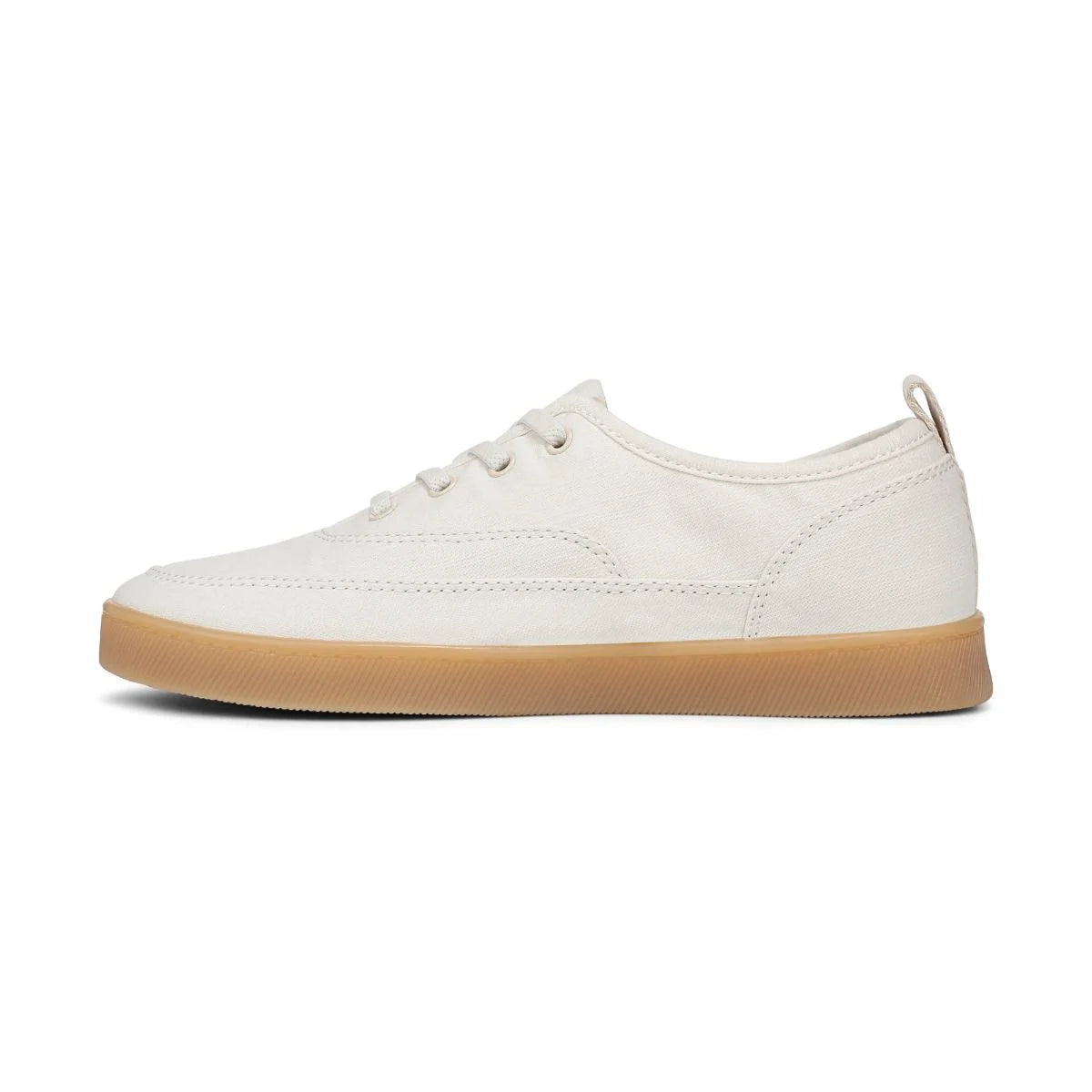 White sneaker with a brown sole on a white background