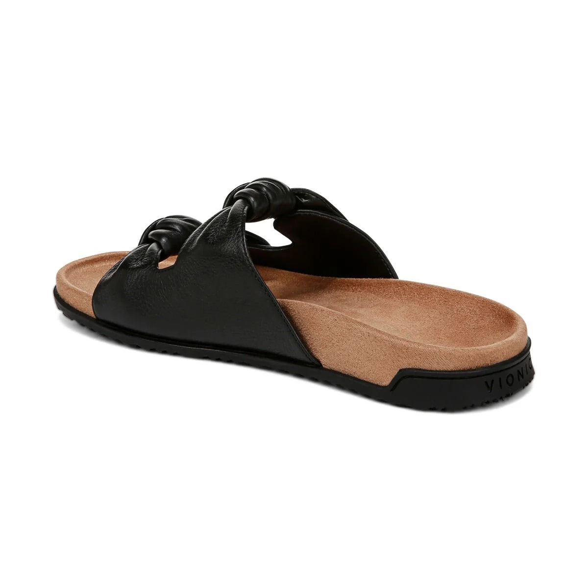 Black sandal with a tan insole on a white background