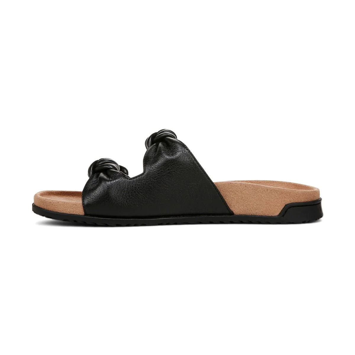 Black sandal with tan insole on a white background