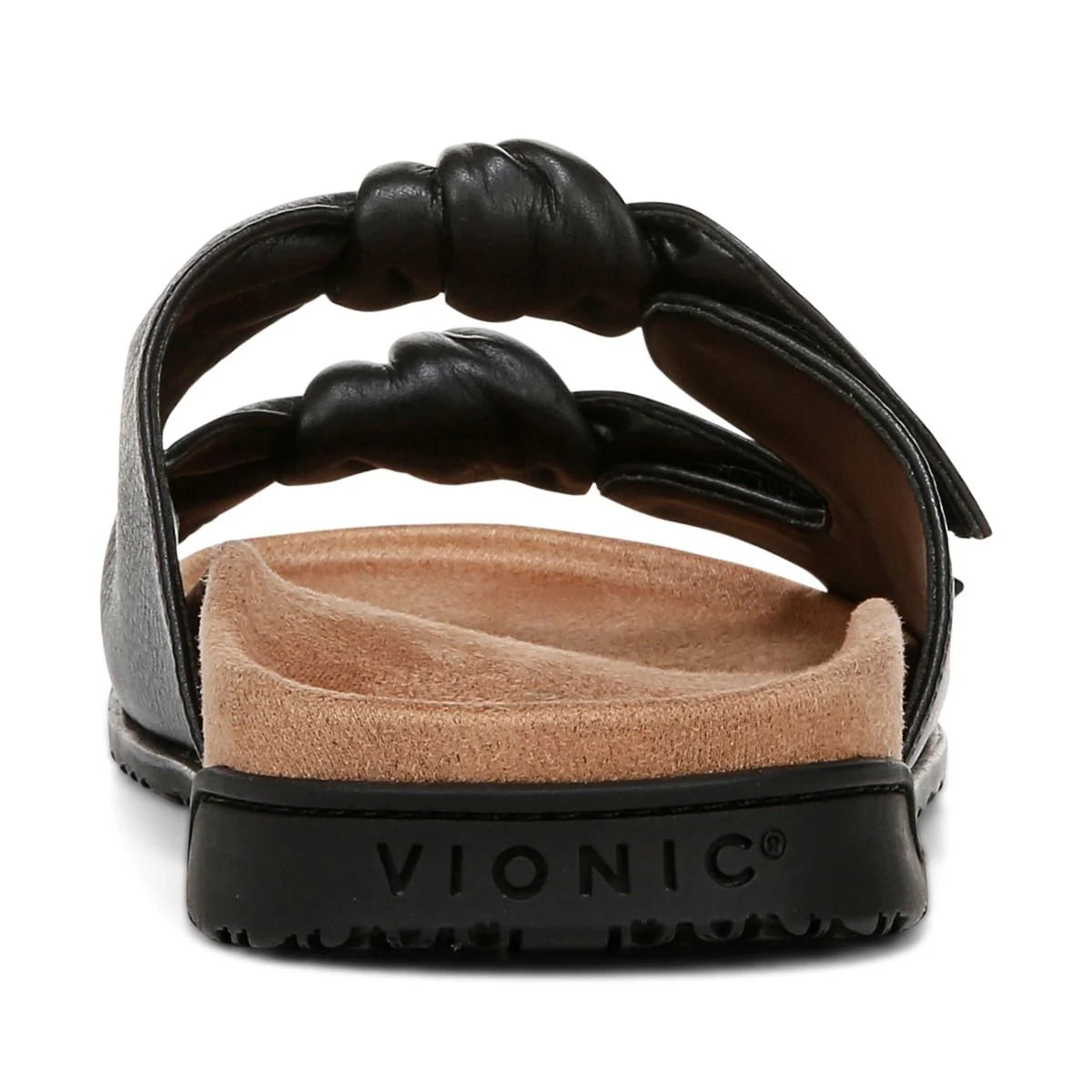 Black sandal with tan insole on a white background, featuring the Vionic brand.