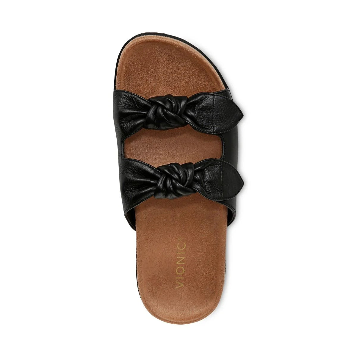 Brown sandal with black leather bows on a white background