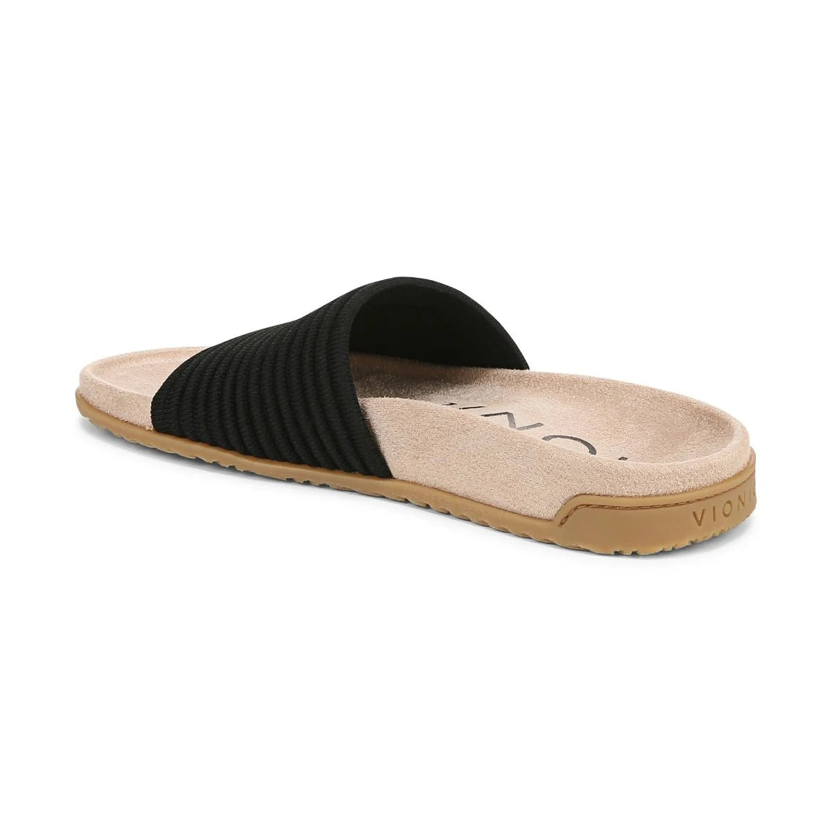 Black slide sandal with beige sole on a white background