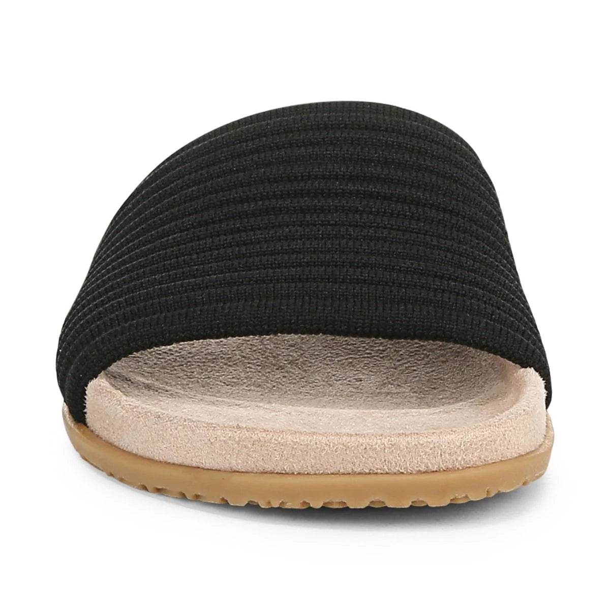 Black slide sandal with a beige sole on a white background