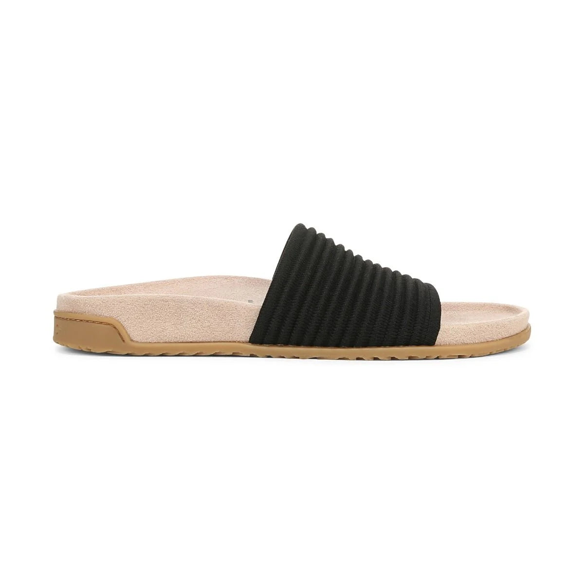 Black slide sandal with beige sole on a white background