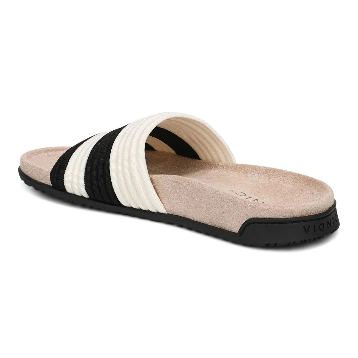 Beige and black slide sandal on a white background