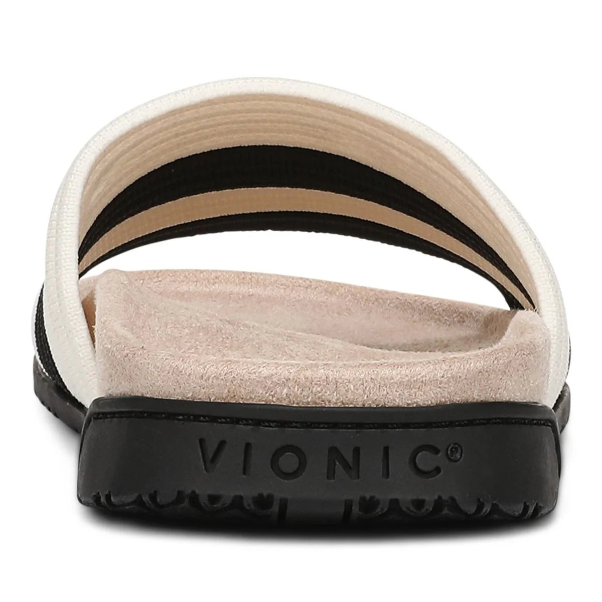 Vionic sandal with a white band and black sole on a white background