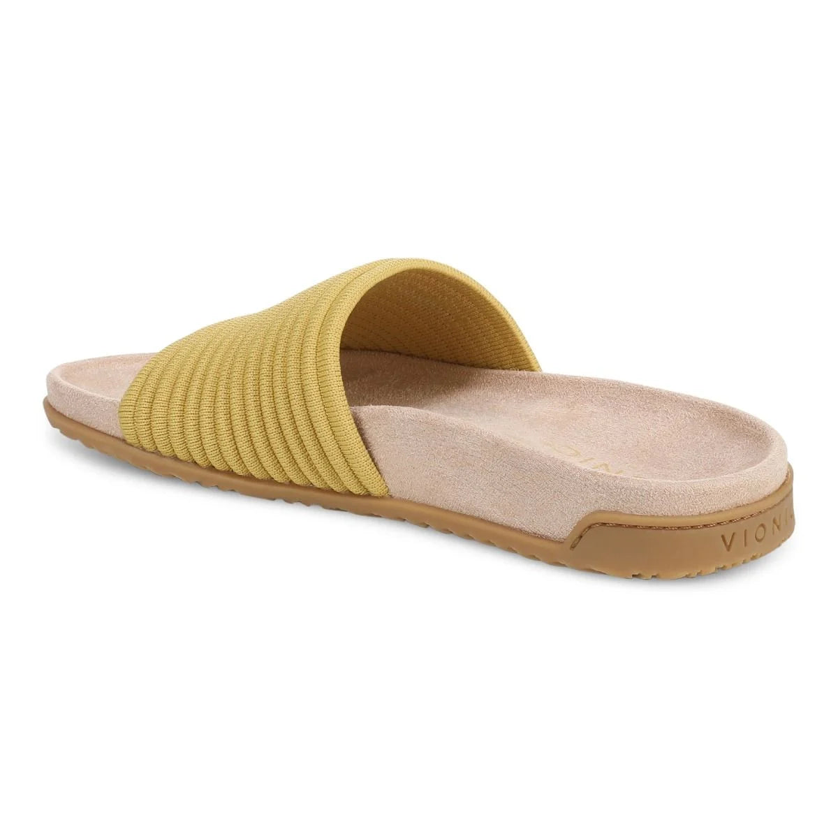 Yellow slide sandal with a beige sole on a white background