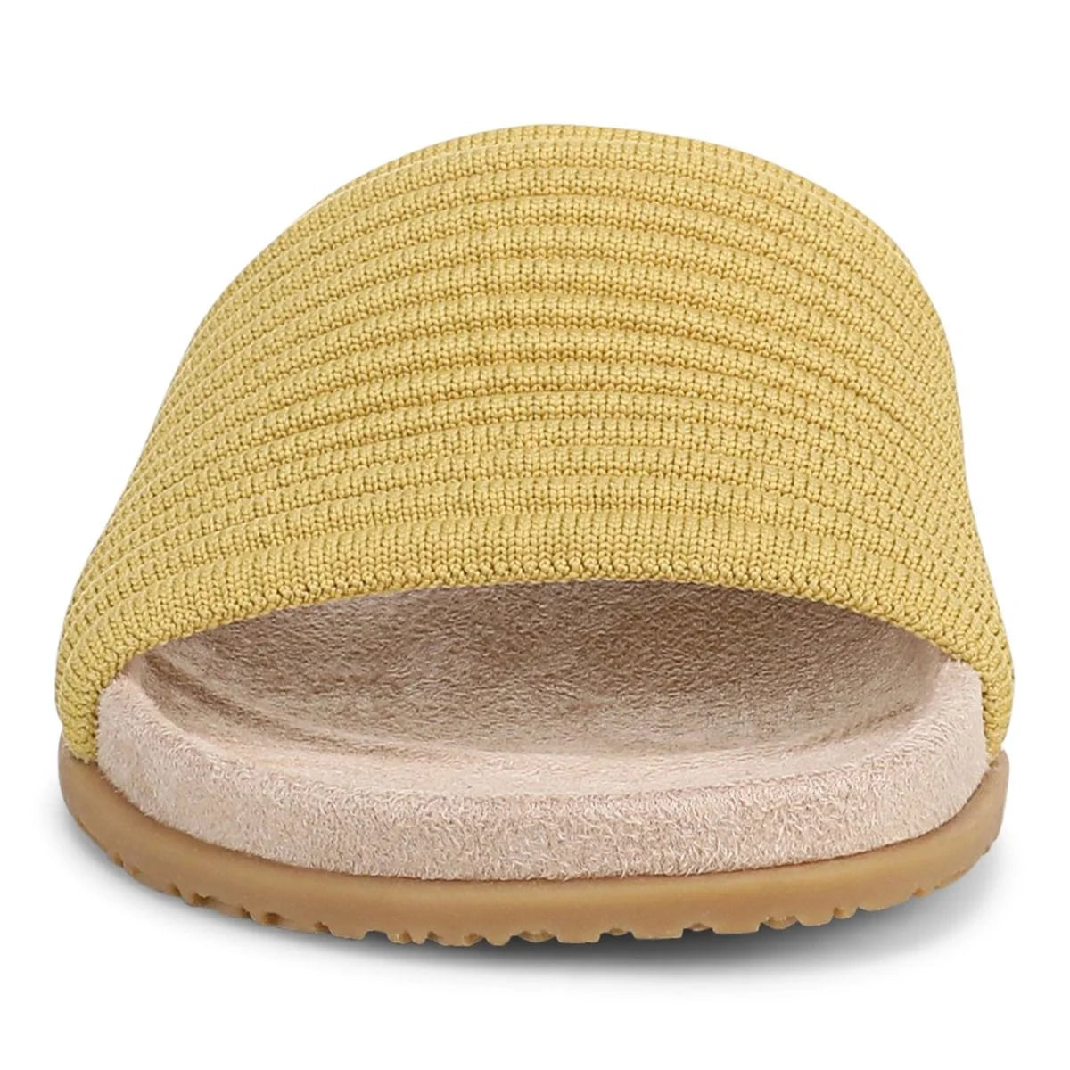 Yellow slipper with textured surface and brown sole on a white background