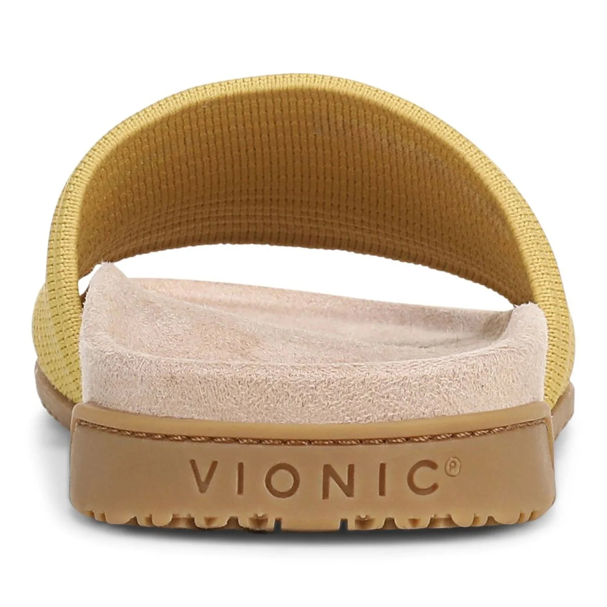 Vionic sandal with yellow strap and brown sole on a white background