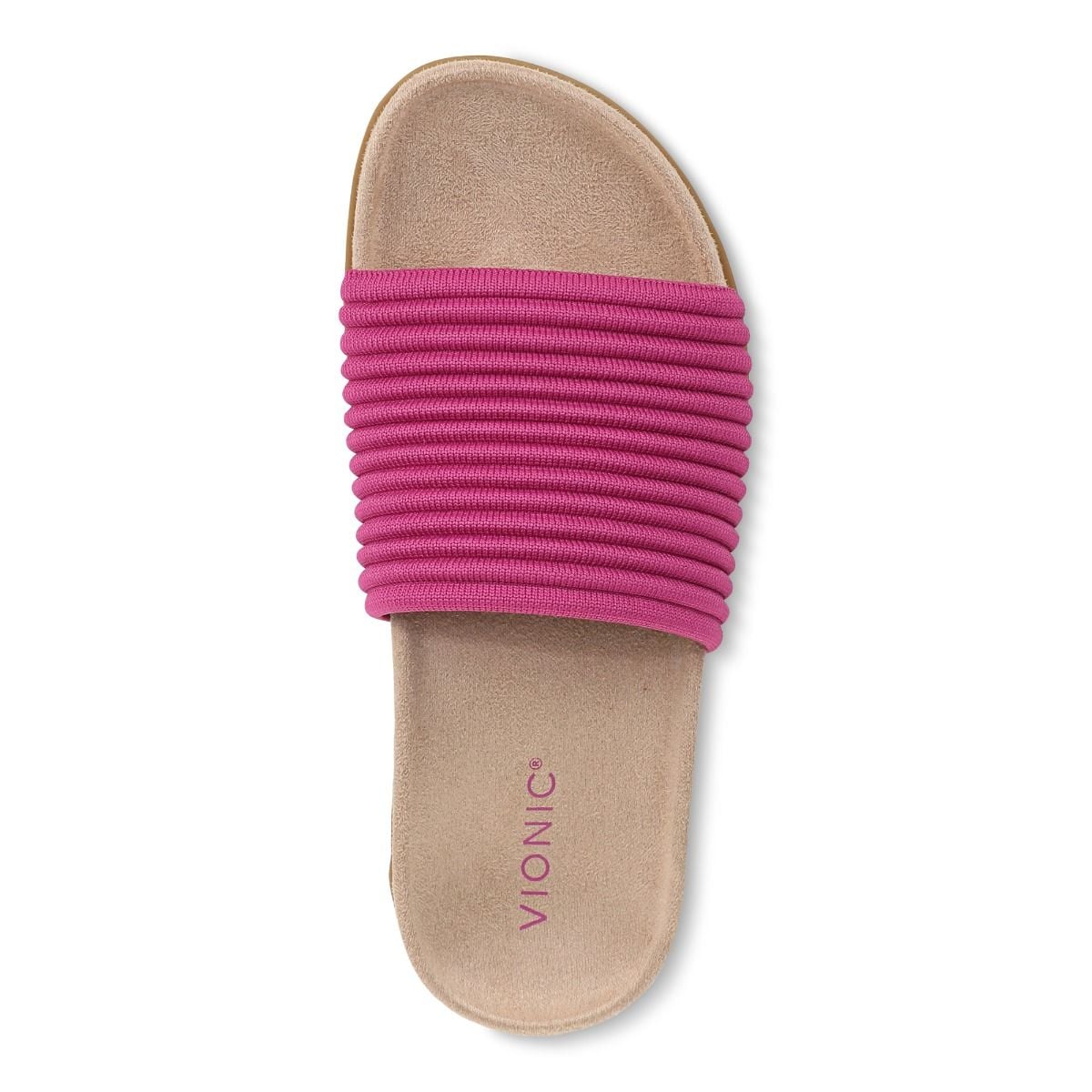 Beige sandal with pink elastic band on a white background, featuring the Vionic brand.