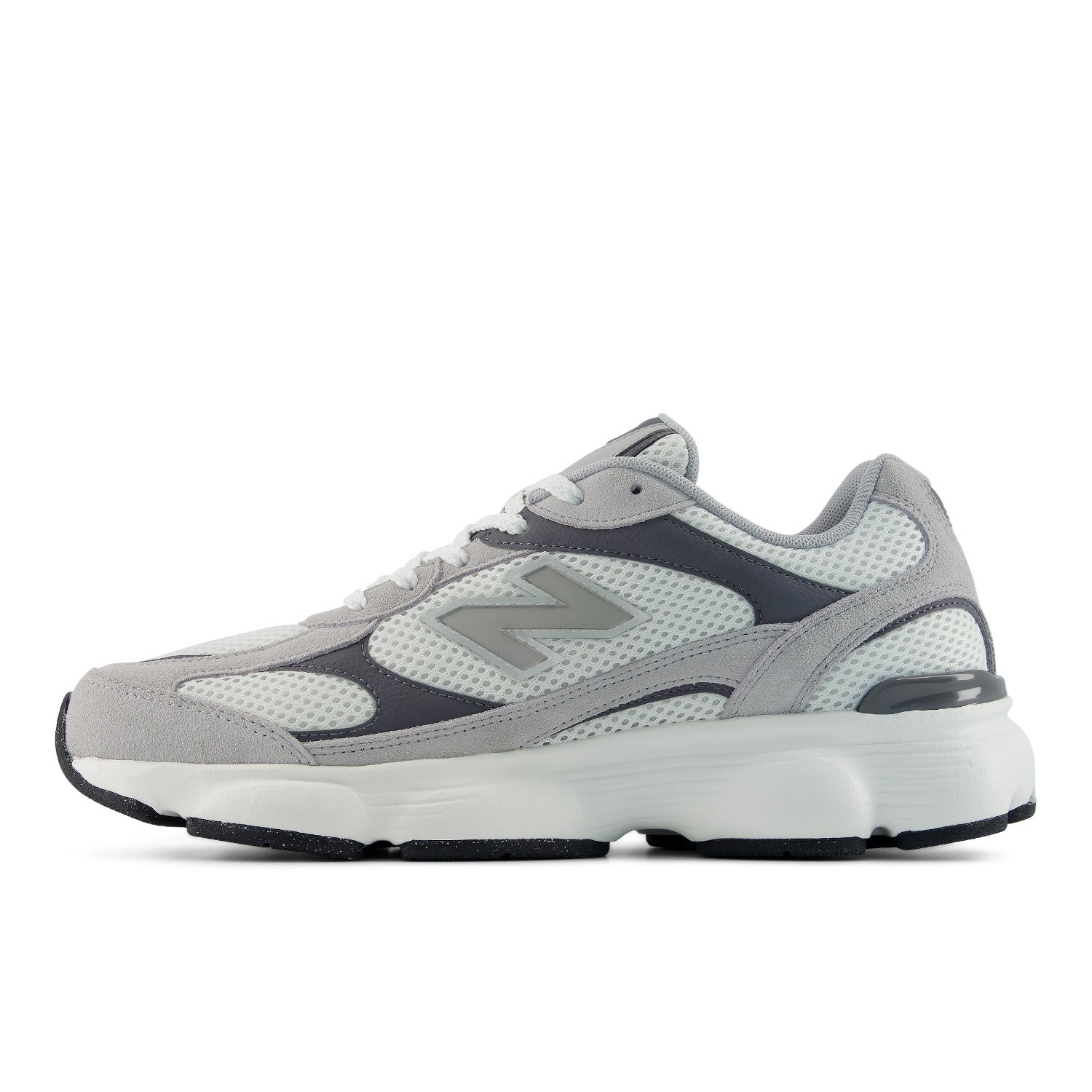 Gray and white sneaker with New Balance logo on a white background