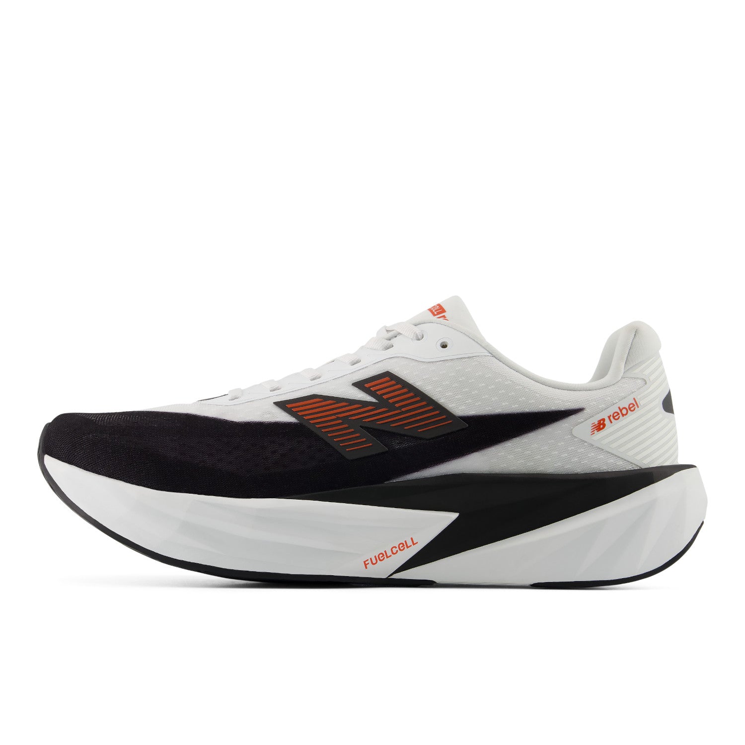 White and black running shoe with orange accents on a white background