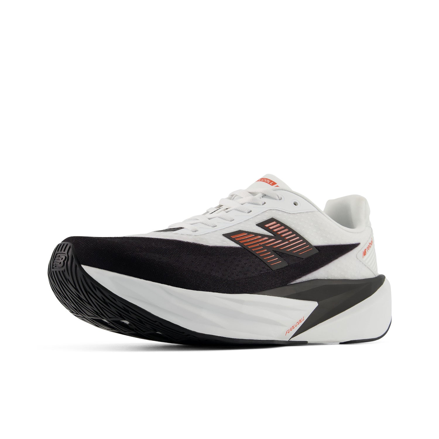 White running shoe with black and orange accents on a white background