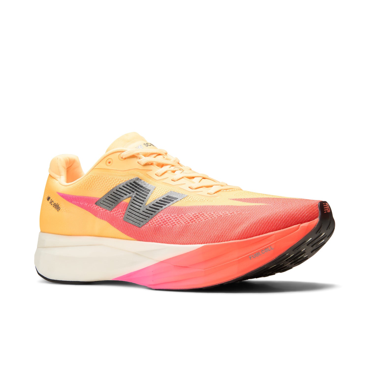 Orange and pink running shoe with New Balance logo on a white background