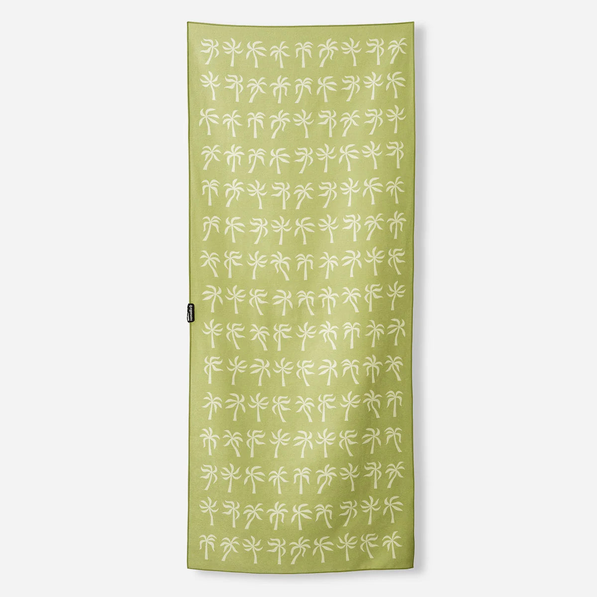 Green towel with white palm tree pattern on a white background