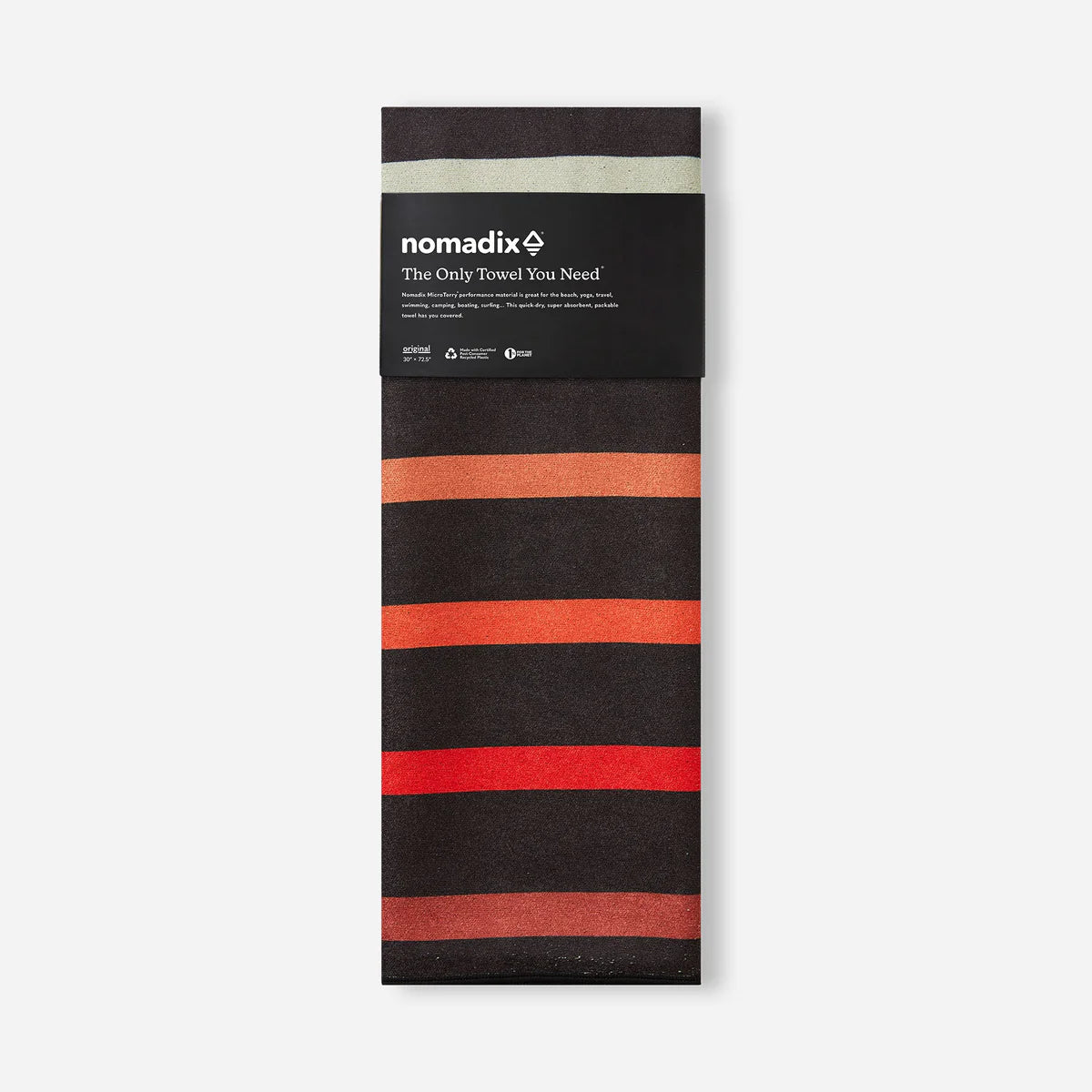 Packaged towel with red and black stripes and Nomadix branding on a white background