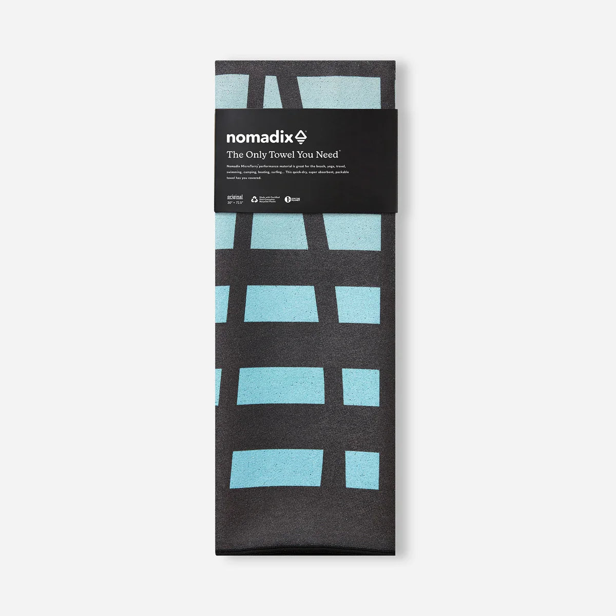 Packaged towel with blue geometric pattern on a white background